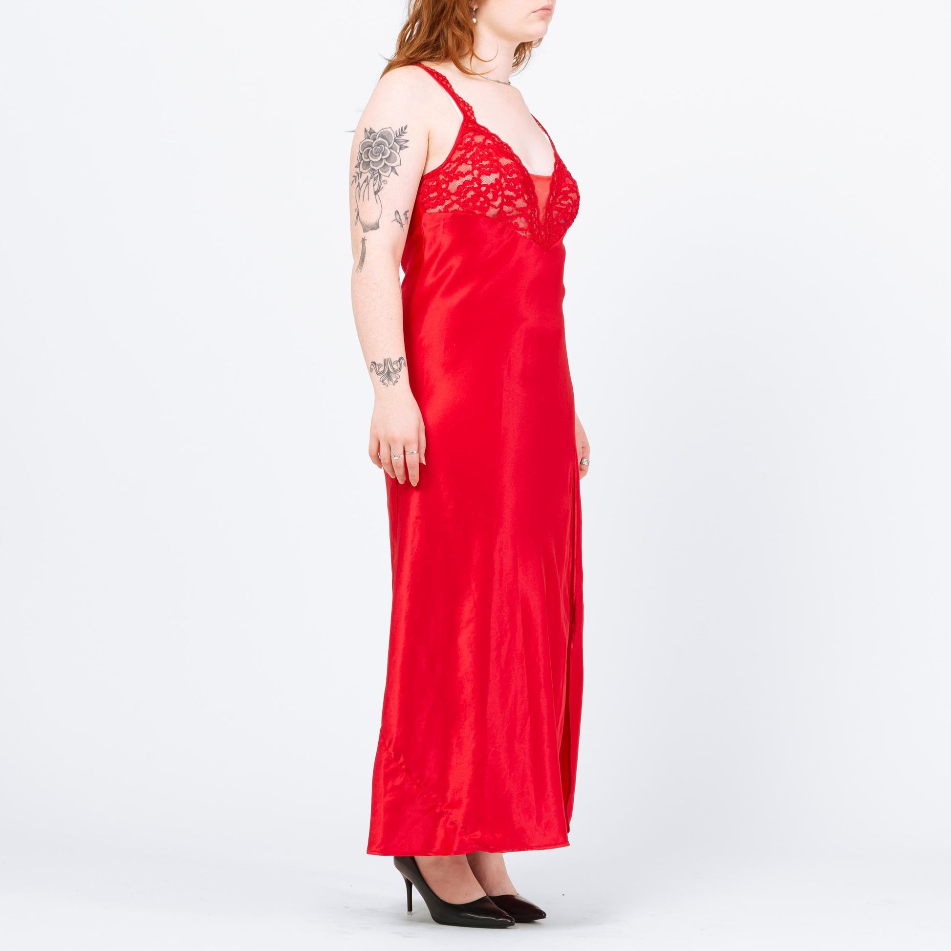 Vintage 90s Victoria's Secret Red Lace Trim Nightgown - Medium to Large | Sexy Negligee Nightie Maxi High Slit Slip Dress