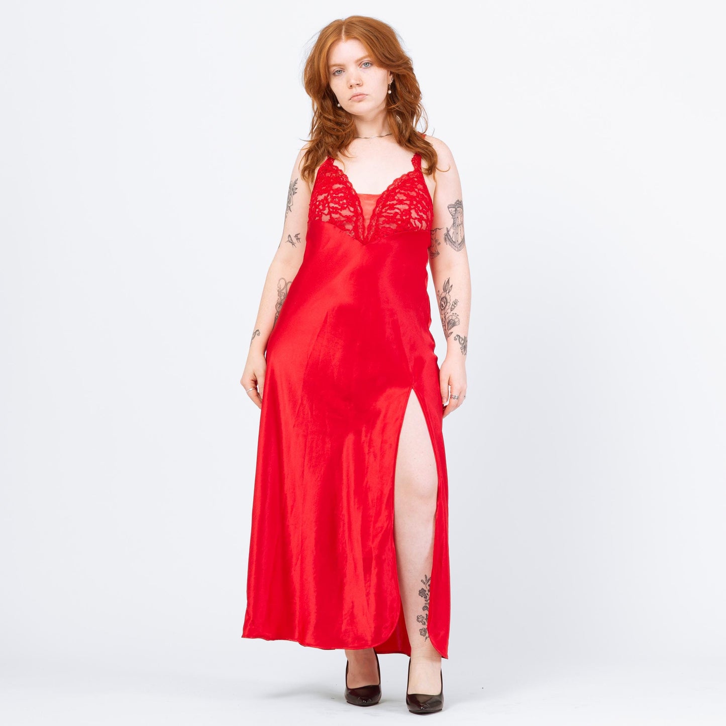 Vintage 90s Victoria's Secret Red Lace Trim Nightgown - Medium to Large | Sexy Negligee Nightie Maxi High Slit Slip Dress