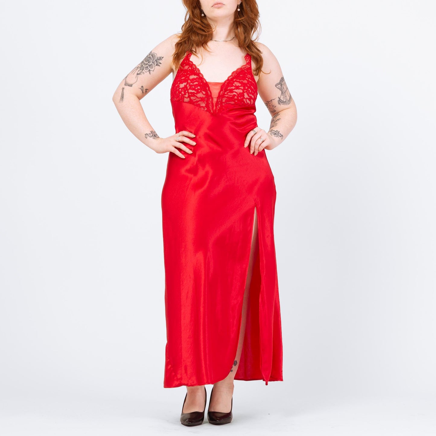 Vintage 90s Victoria's Secret Red Lace Trim Nightgown - Medium to Large | Sexy Negligee Nightie Maxi High Slit Slip Dress