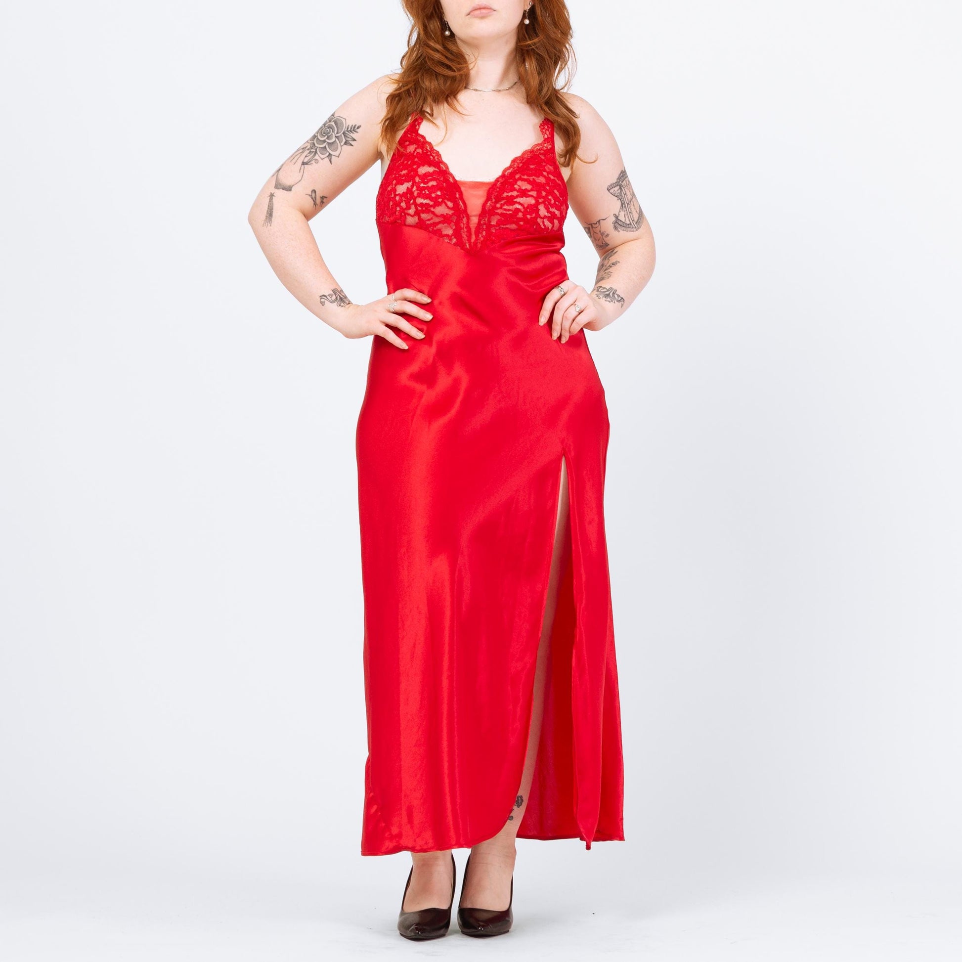 Vintage 90s Victoria's Secret Red Lace Trim Nightgown - Medium to Large | Sexy Negligee Nightie Maxi High Slit Slip Dress