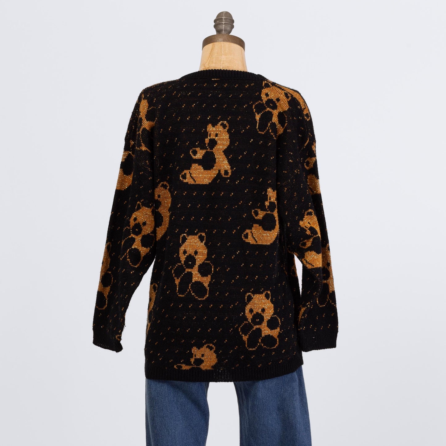 Vintage 80s Teddy Bear Lurex Sweater - Medium | Black Gold Metallic Intarsia Knit Novelty Pullover