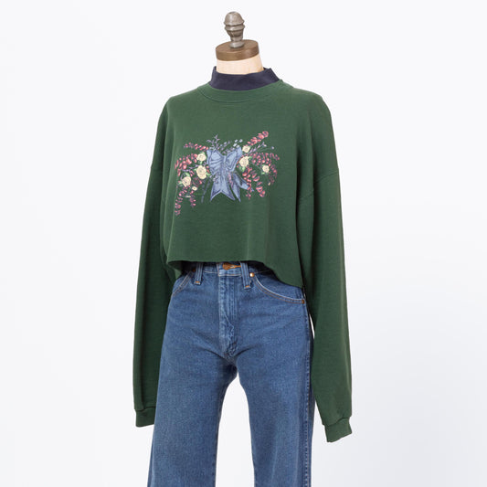 Vintage 90s Flower Bouquet Cropped Sweatshirt - Large | Forest Green Floral Mockneck Collar Pullover Crop Top