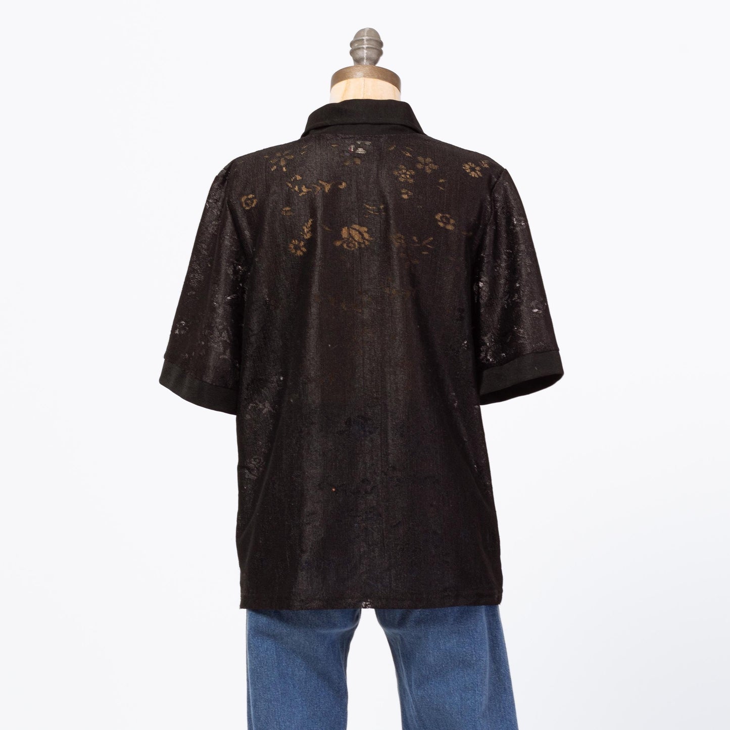 Vintage 90s Sheer Black Floral Lace Cutout Blouse - Extra Large | Short Sleeve Collared Button Up Top