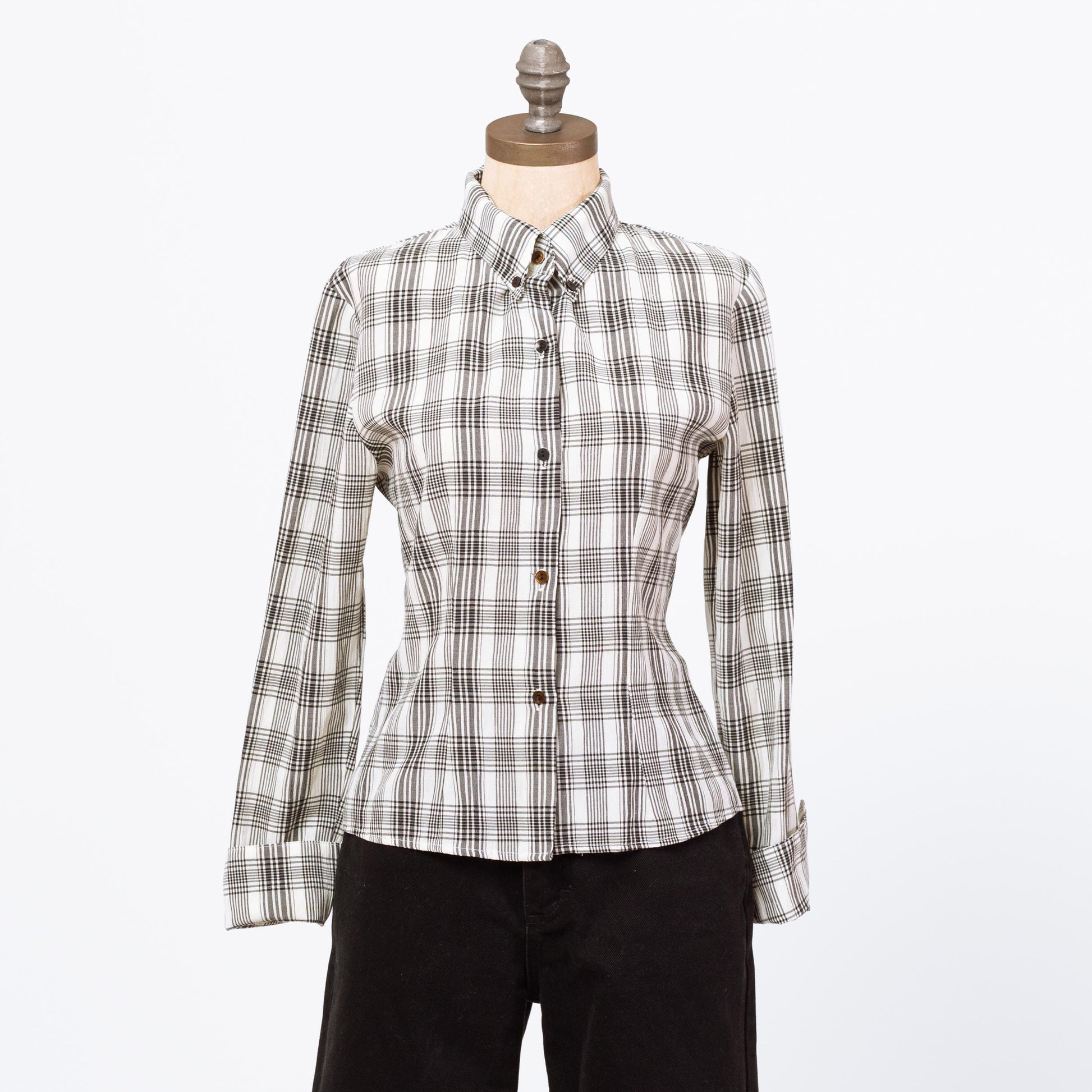 Vintage 90s Black & White Plaid Cuffed Blouse - Small | Button Up Collared Long Sleeve Shirt