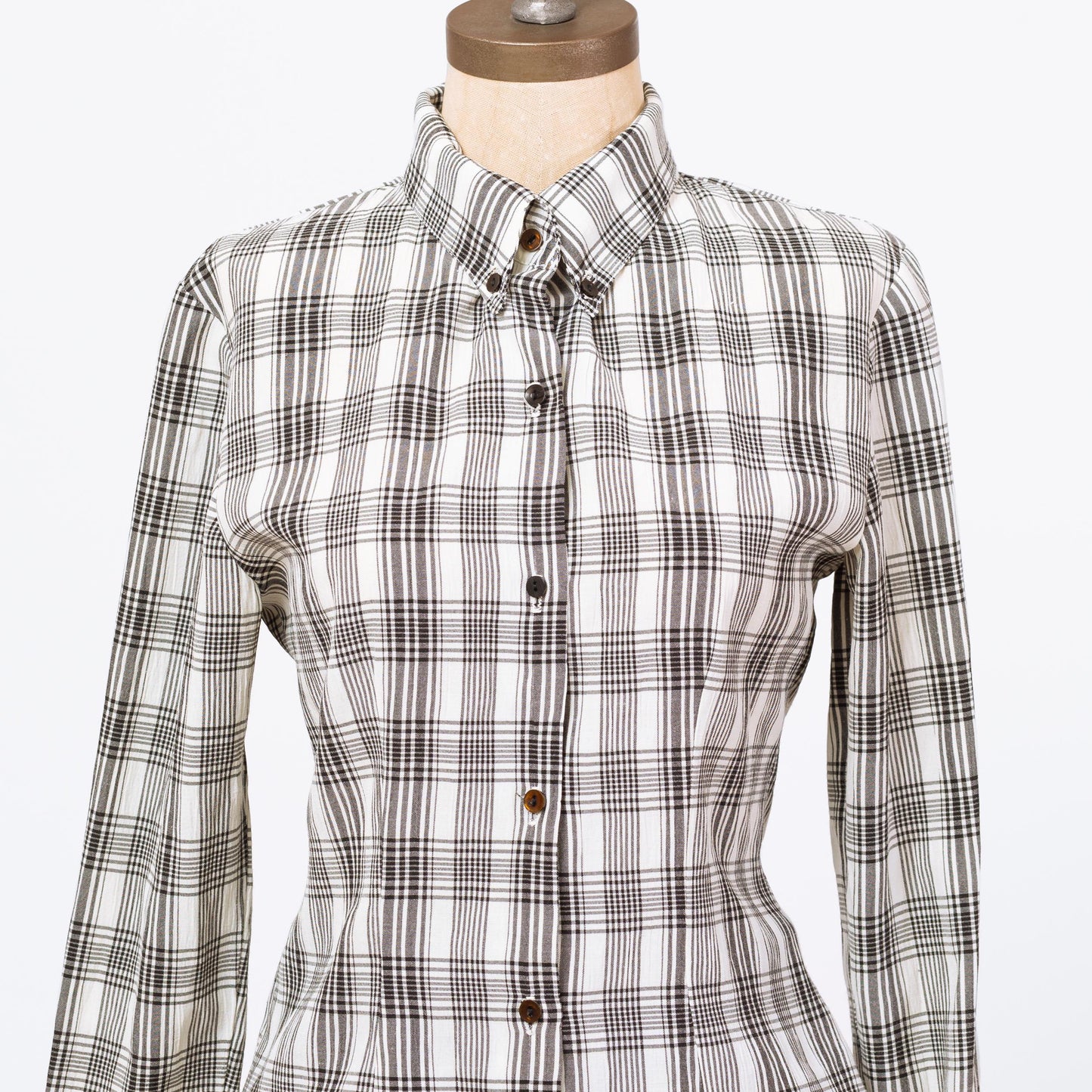 Vintage 90s Black & White Plaid Cuffed Blouse - Small | Button Up Collared Long Sleeve Shirt