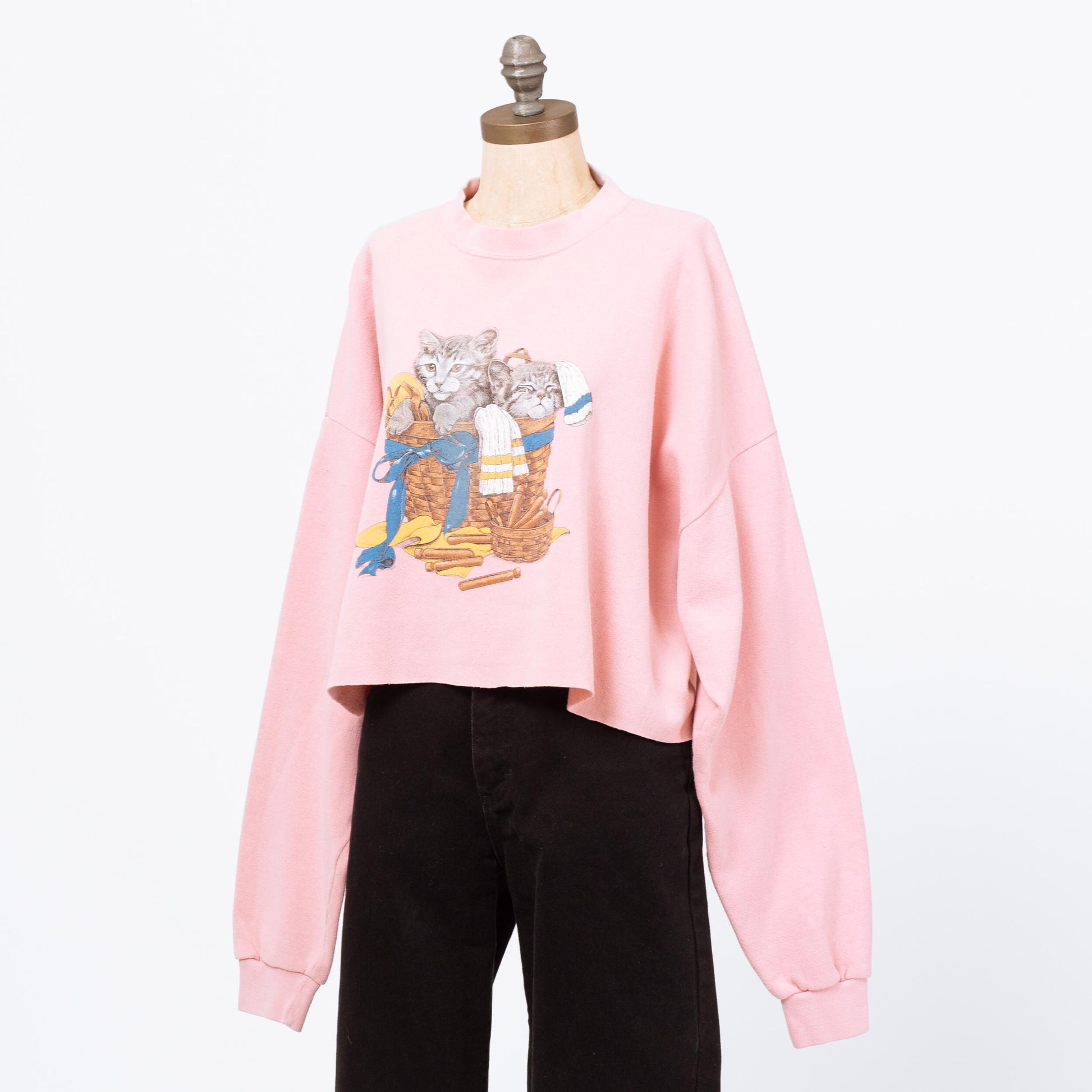 Vintage 90s Basket Of Kittens Cropped Sweatshirt - 3X | Pink Novelty Print Grandma Sweater Crew Neck Crop Top