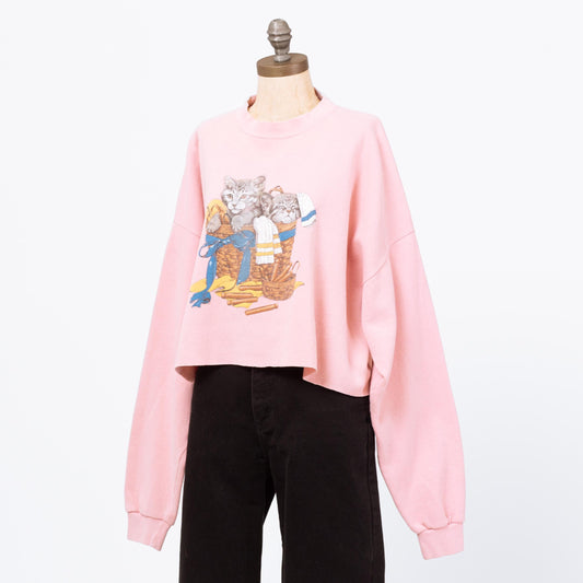 Vintage 90s Basket Of Kittens Cropped Sweatshirt - 3X | Pink Novelty Print Grandma Sweater Crew Neck Crop Top