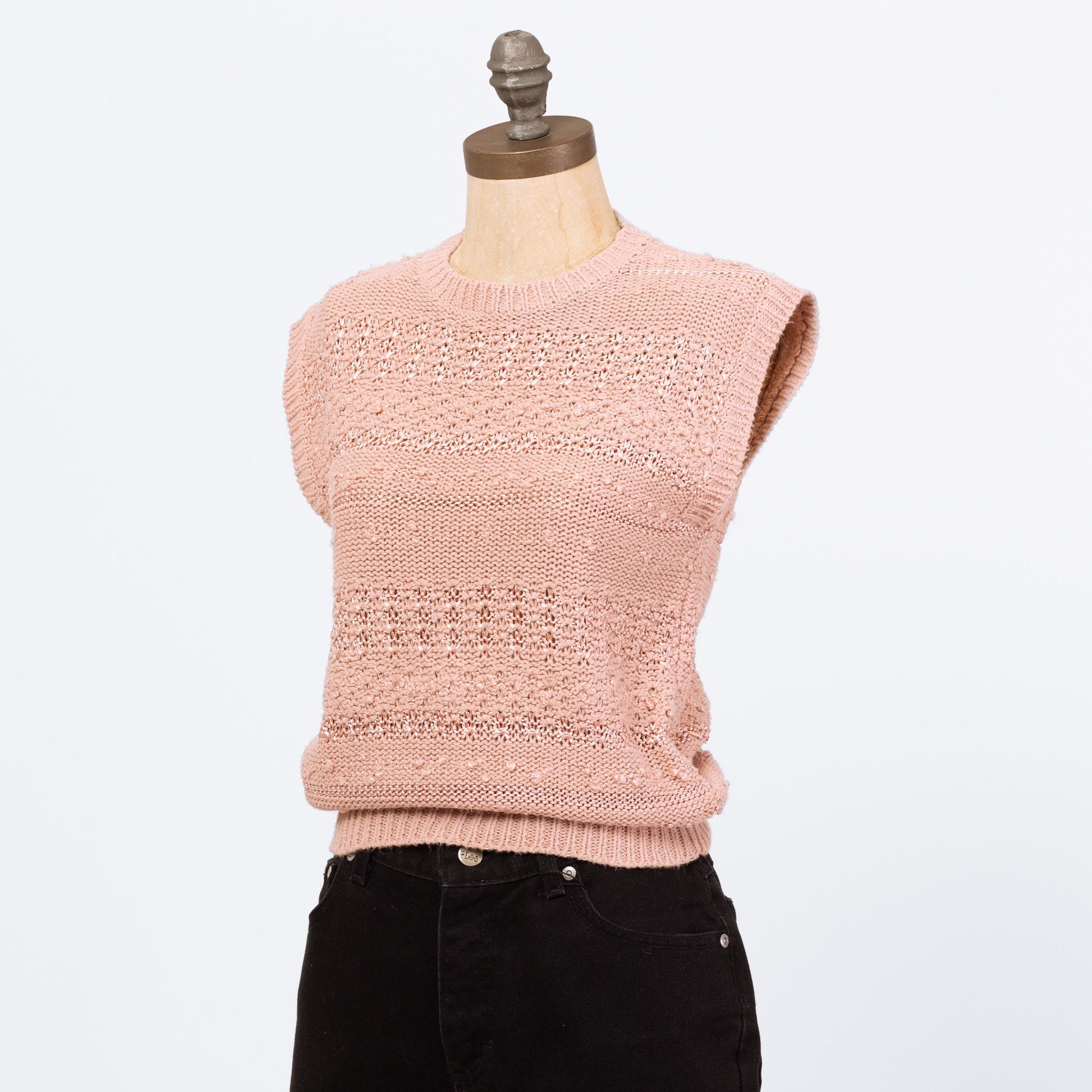 Vintage 80s Dusty Pink Knit Cap Sleeve Crop Top - Small to Medium | Open Weave Eyelet Sleeveless Sweater Vest Shirt