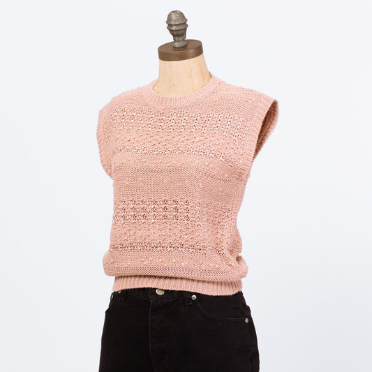 Vintage 80s Dusty Pink Knit Cap Sleeve Crop Top - Small to Medium | Open Weave Eyelet Sleeveless Sweater Vest Shirt