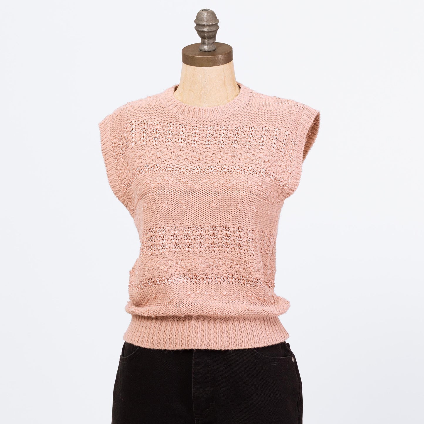 Vintage 80s Dusty Pink Knit Cap Sleeve Crop Top - Small to Medium | Open Weave Eyelet Sleeveless Sweater Vest Shirt