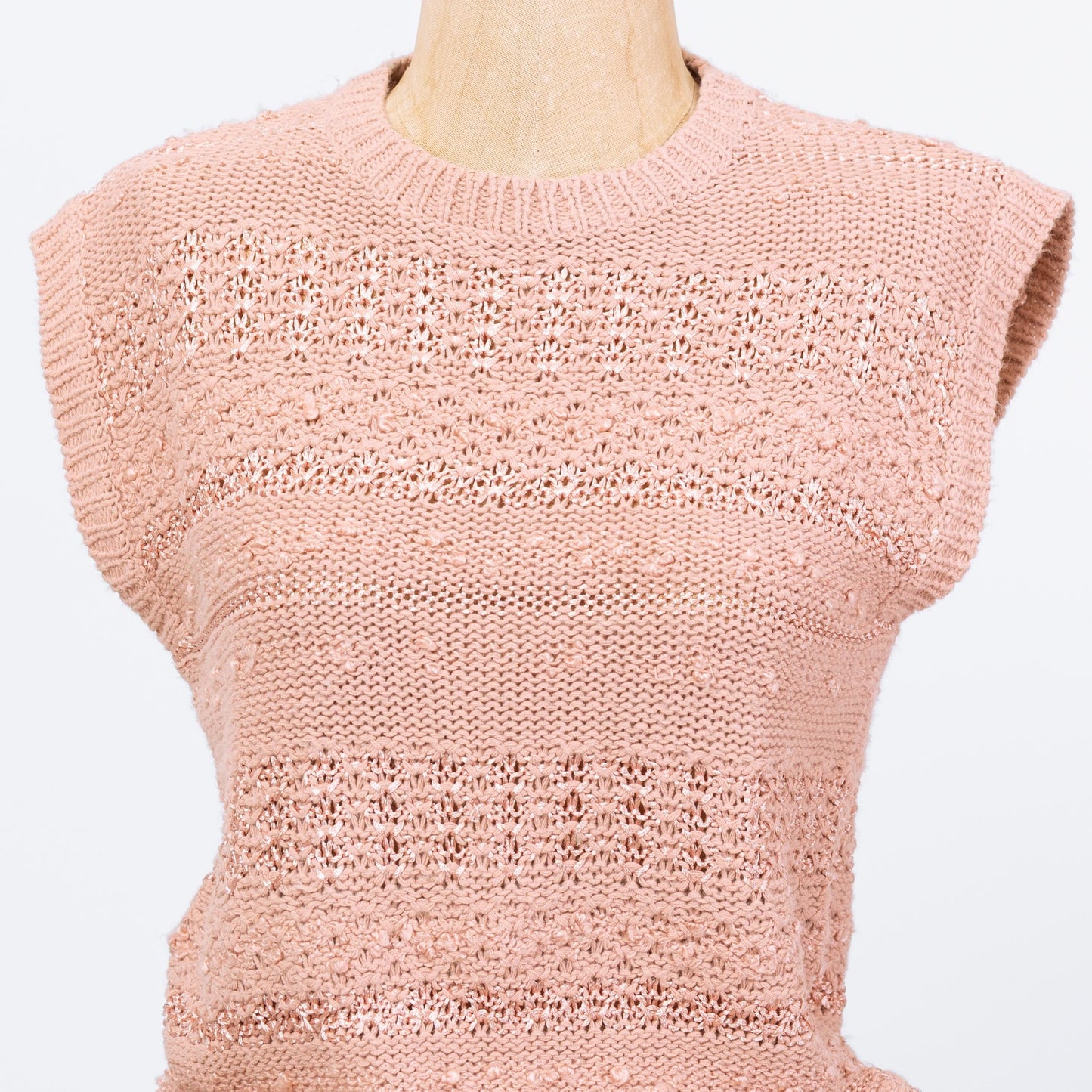Vintage 80s Dusty Pink Knit Cap Sleeve Crop Top - Small to Medium | Open Weave Eyelet Sleeveless Sweater Vest Shirt
