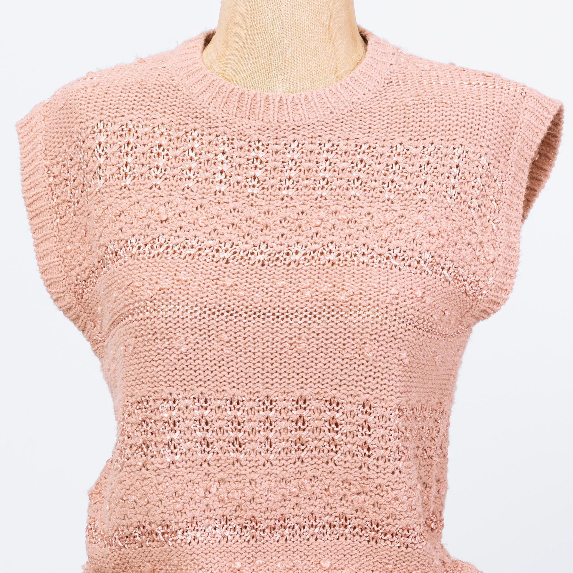 Vintage 80s Dusty Pink Knit Cap Sleeve Crop Top - Small to Medium | Open Weave Eyelet Sleeveless Sweater Vest Shirt
