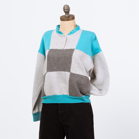 Vintage 80s Blue & Grey Checkered Henley Sweatshirt - Petite Large | Slouchy Cropped Pullover Half Button Sweater