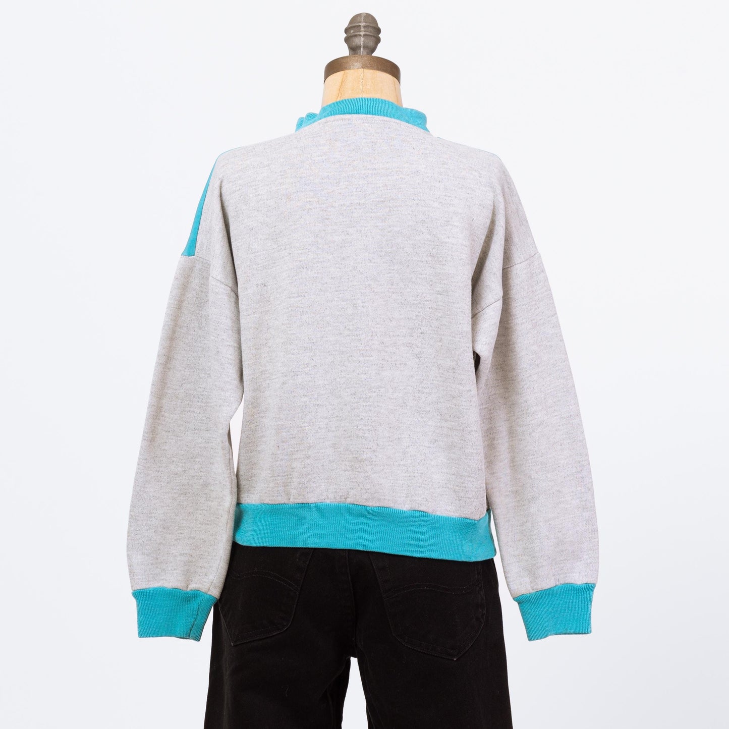 Vintage 80s Blue & Grey Checkered Henley Sweatshirt - Petite Large | Slouchy Cropped Pullover Half Button Sweater