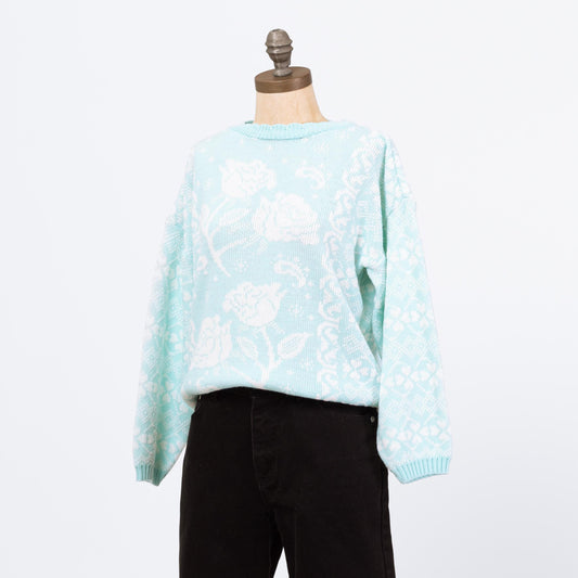 Vintage 80s Pastel Blue & White Floral Sweater - Petite Large | Soft Knit Scalloped Embroidered Grandma Pullover