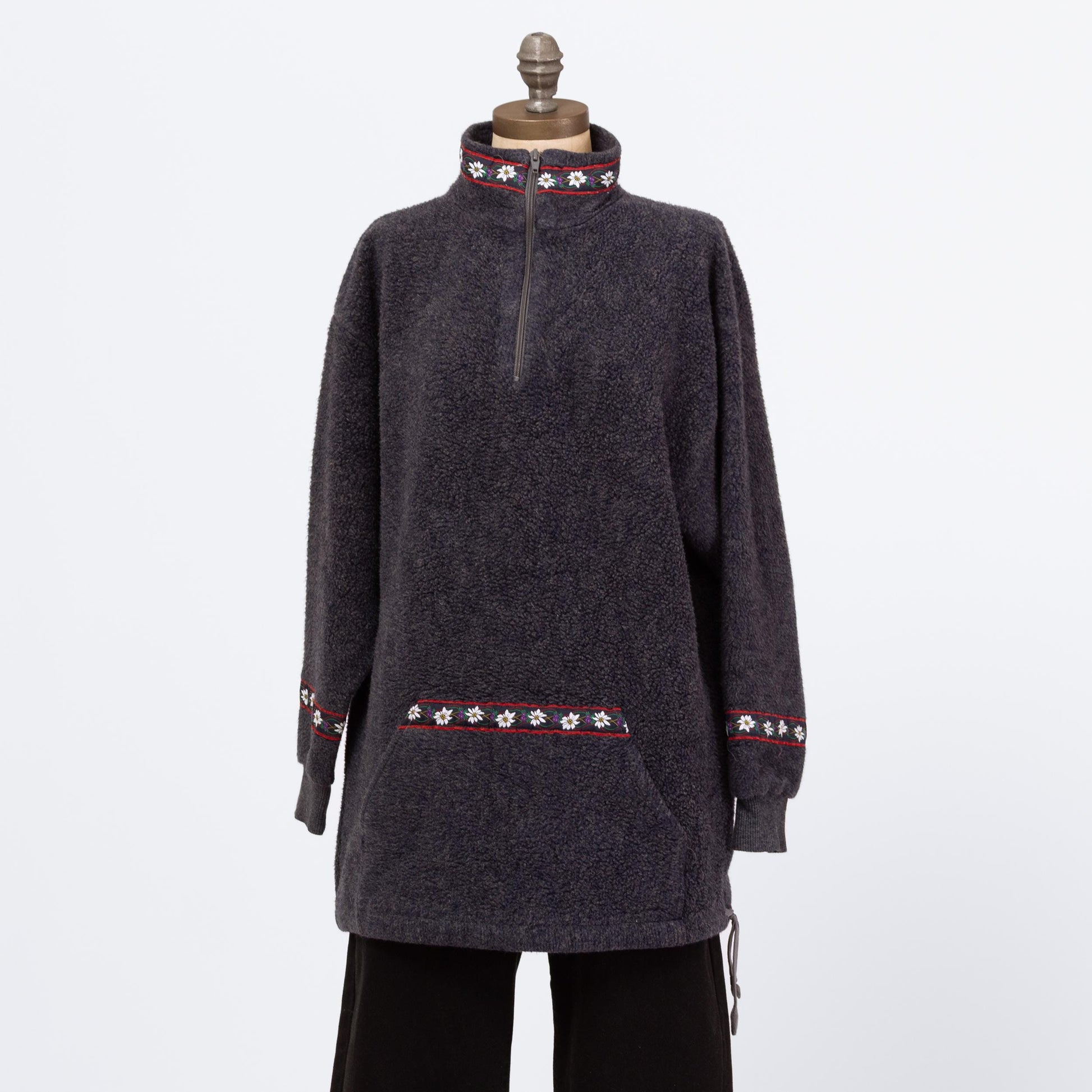 Vintage 90s Folk Floral Trim Fleece Sweatshirt - Large | Dark Blue Half Zip Longline Pullover
