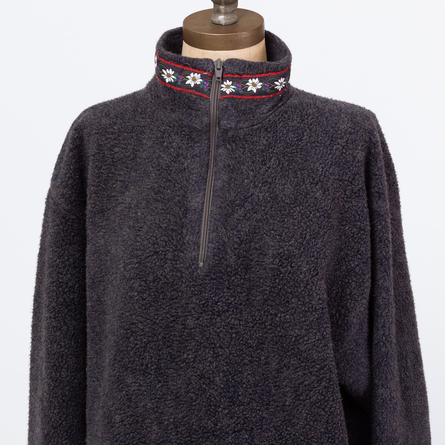 Vintage 90s Folk Floral Trim Fleece Sweatshirt - Large | Dark Blue Half Zip Longline Pullover
