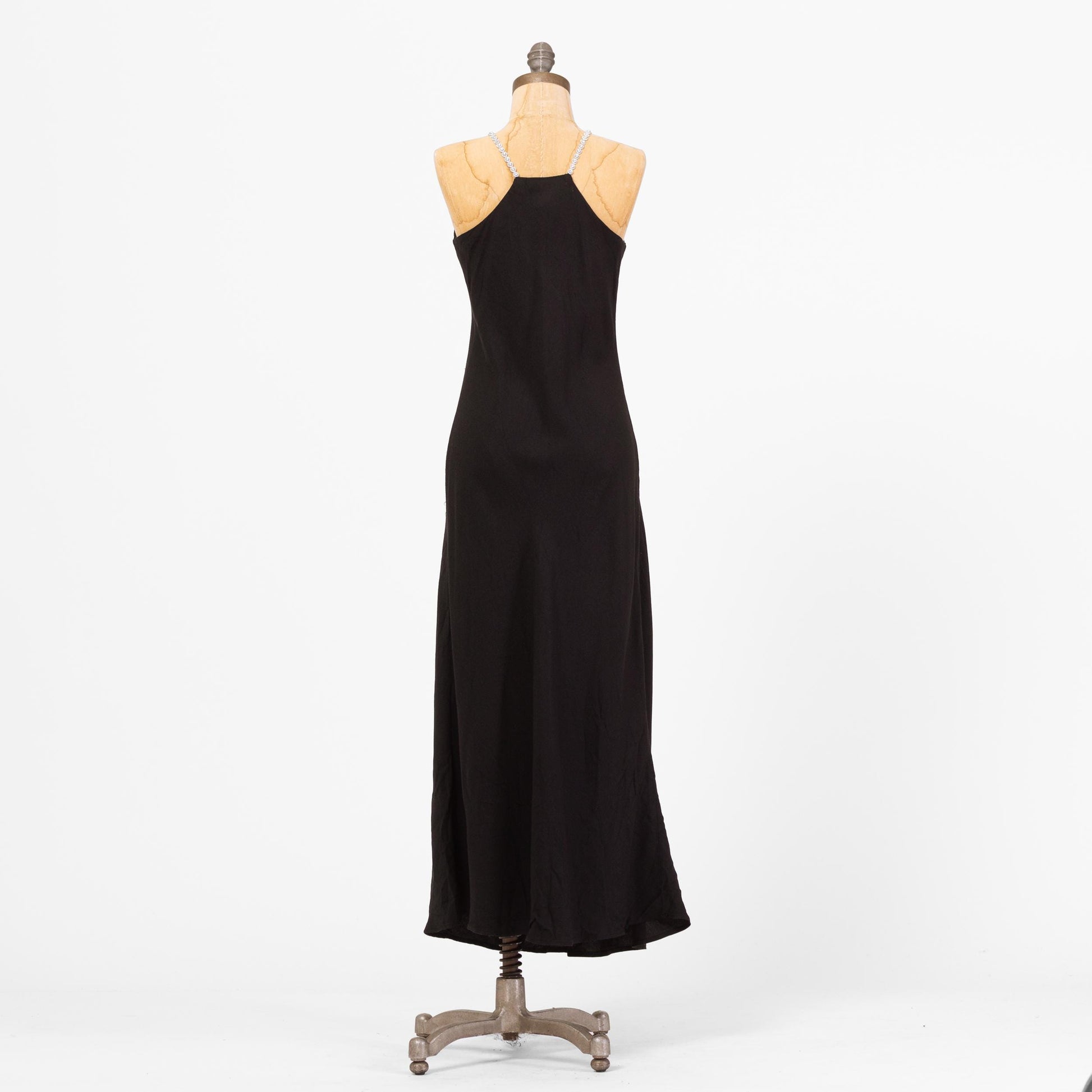 Vintage 90s Black Jeweled Flower Strap Maxi Dress - Small | Formal Bias Cut Racerback Gown