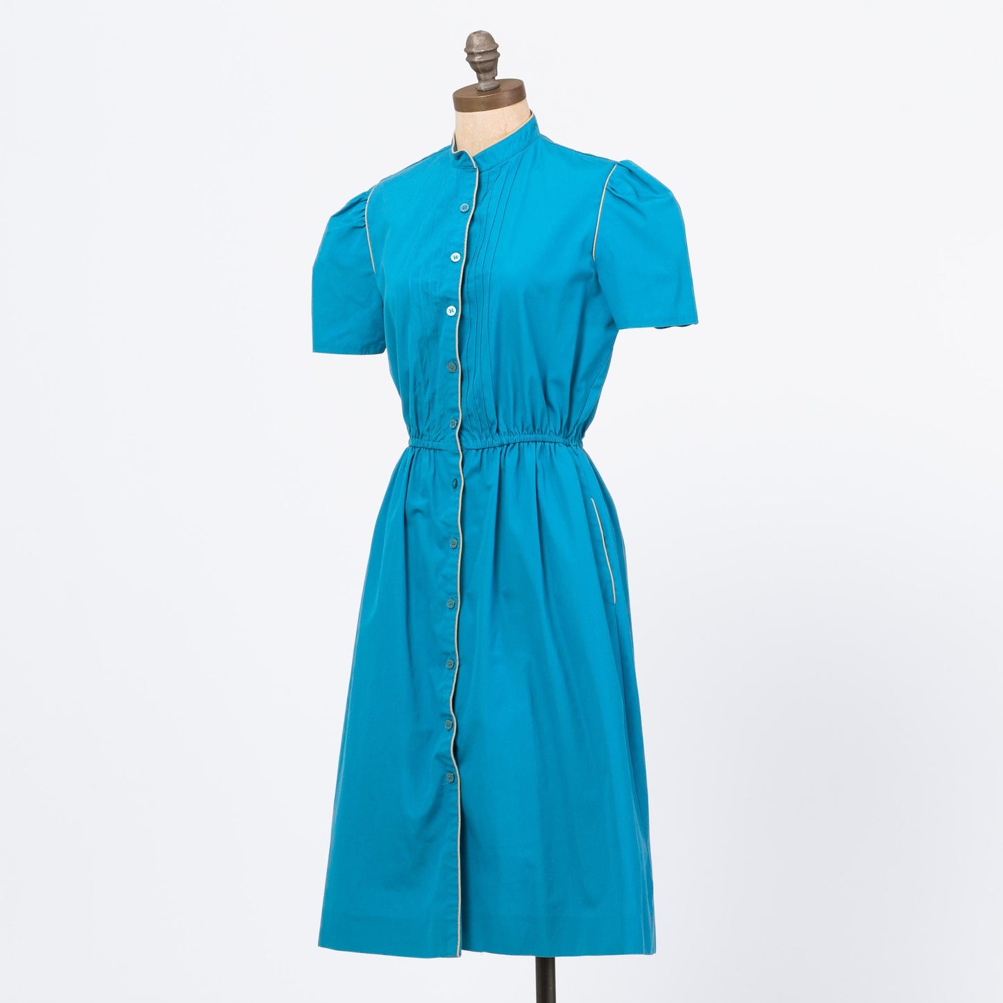 Vintage 70s Blue Midi Shirtdress - Medium | Retro Puff Sleeve Button Front A Line Pocket Dress