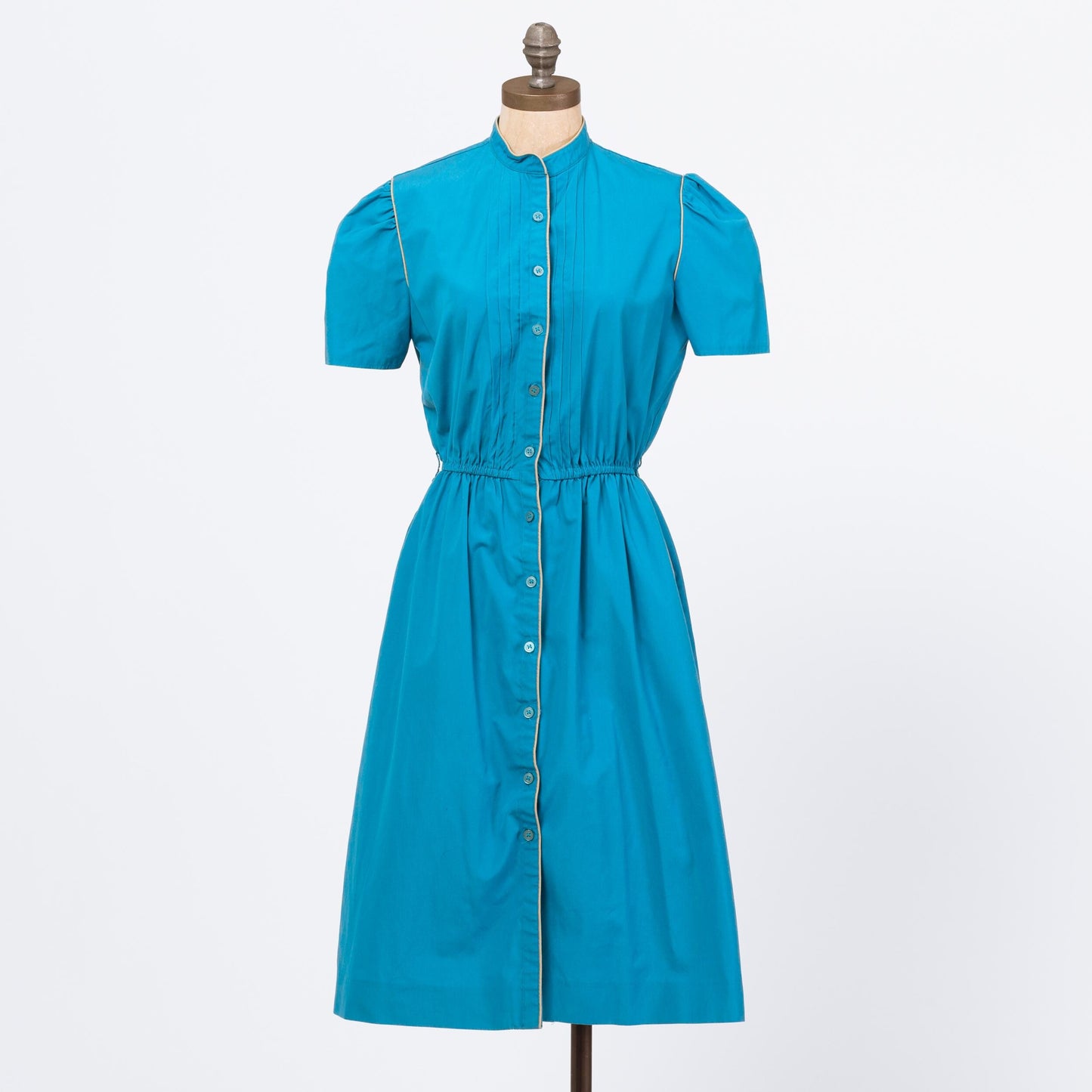 Vintage 70s Blue Midi Shirtdress - Medium | Retro Puff Sleeve Button Front A Line Pocket Dress