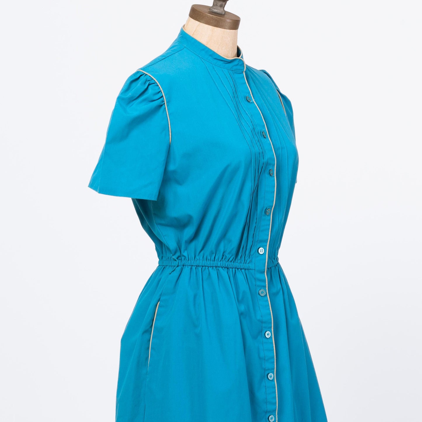 Vintage 70s Blue Midi Shirtdress - Medium | Retro Puff Sleeve Button Front A Line Pocket Dress