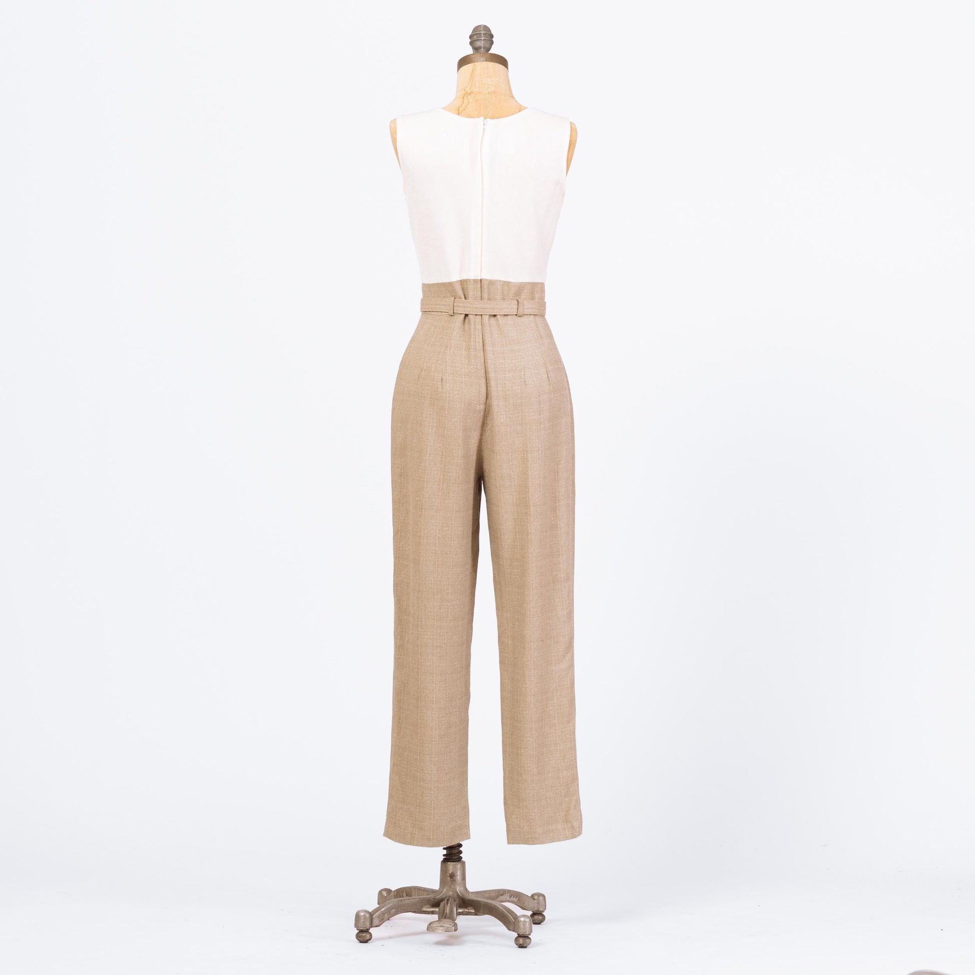 Vintage 90s Minimalist Two-Tone Belted Jumpsuit - Small | Ivory Tan Scoop Neck Sleeveless Pantsuit