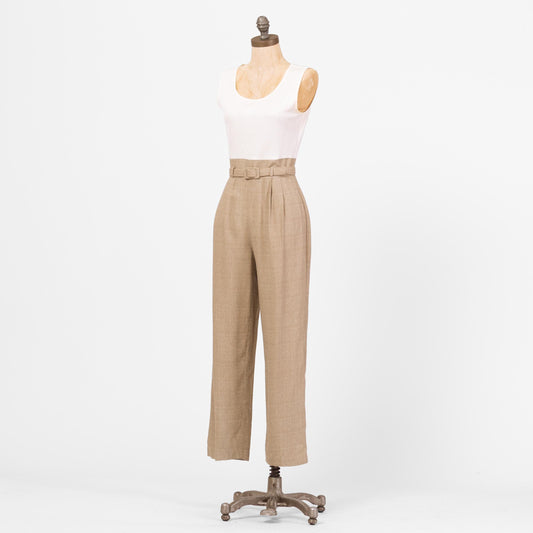 Vintage 90s Minimalist Two-Tone Belted Jumpsuit - Small | Ivory Tan Scoop Neck Sleeveless Pantsuit