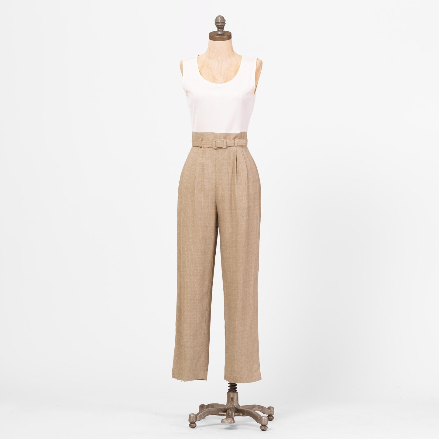 Vintage 90s Minimalist Two-Tone Belted Jumpsuit - Small | Ivory Tan Scoop Neck Sleeveless Pantsuit