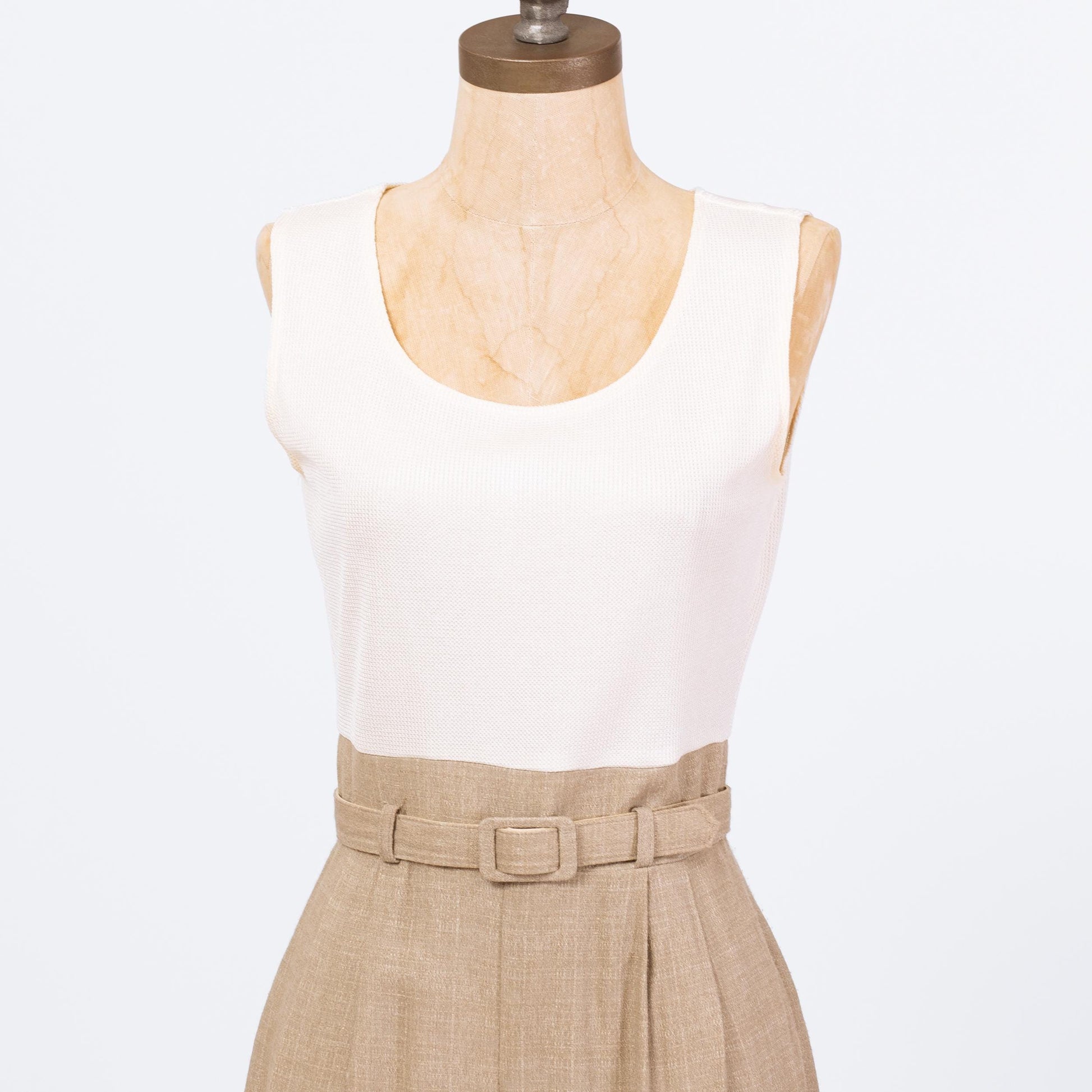 Vintage 90s Minimalist Two-Tone Belted Jumpsuit - Small | Ivory Tan Scoop Neck Sleeveless Pantsuit