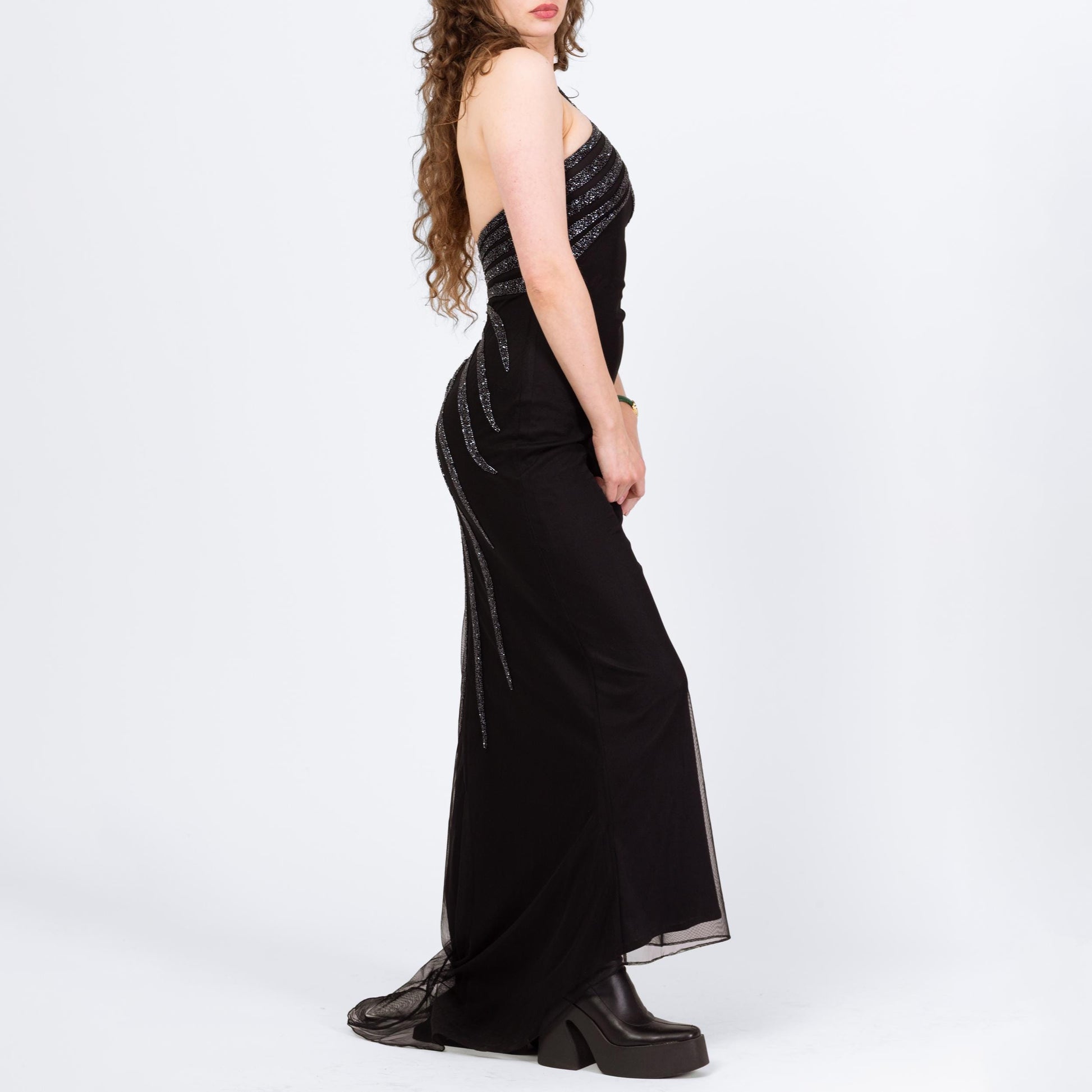 Vintage 90s Cache Black Beaded Deco Evening Gown - Small | Gothic Formal Mesh Bodycon Halter Maxi Dress