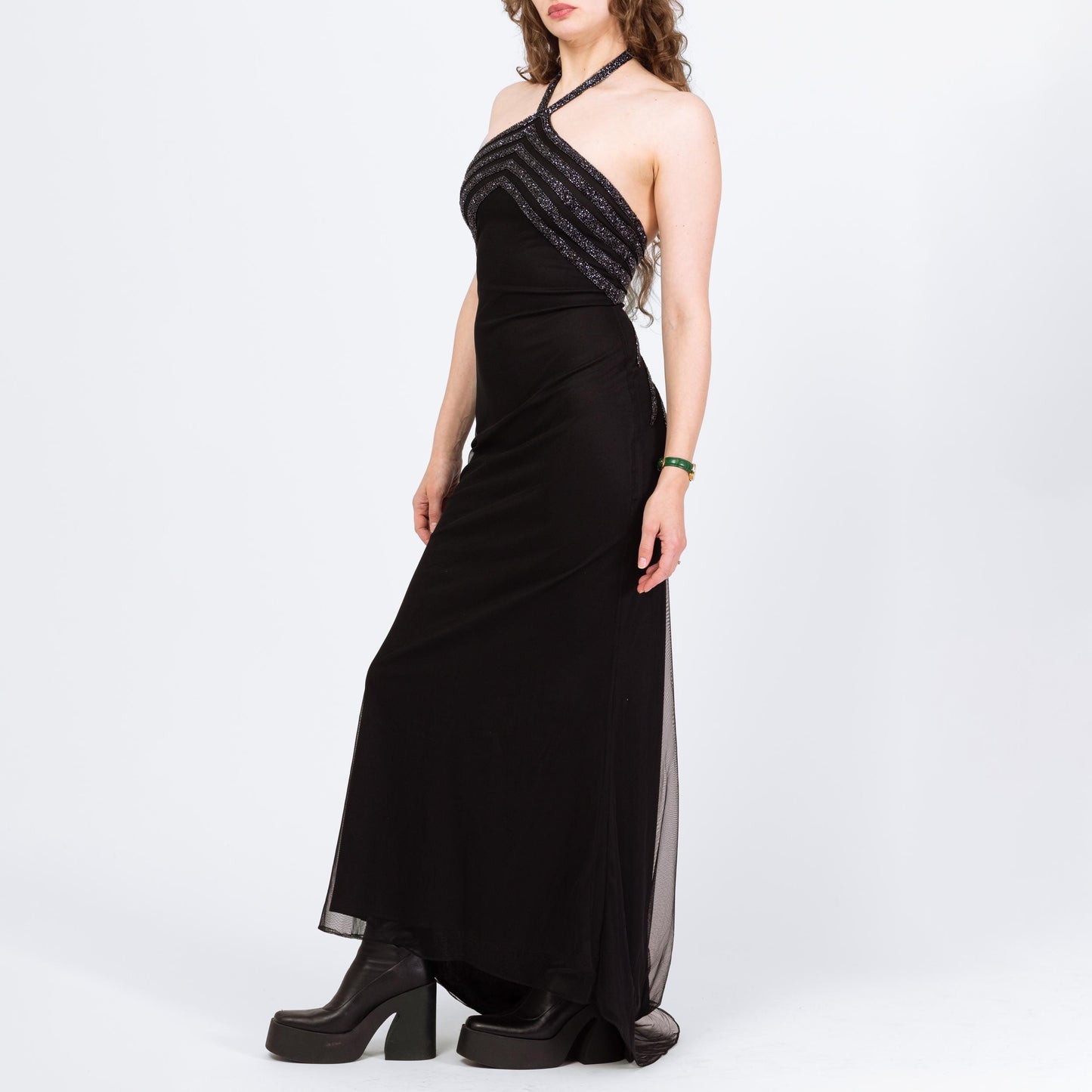 Vintage 90s Cache Black Beaded Deco Evening Gown - Small | Gothic Formal Mesh Bodycon Halter Maxi Dress