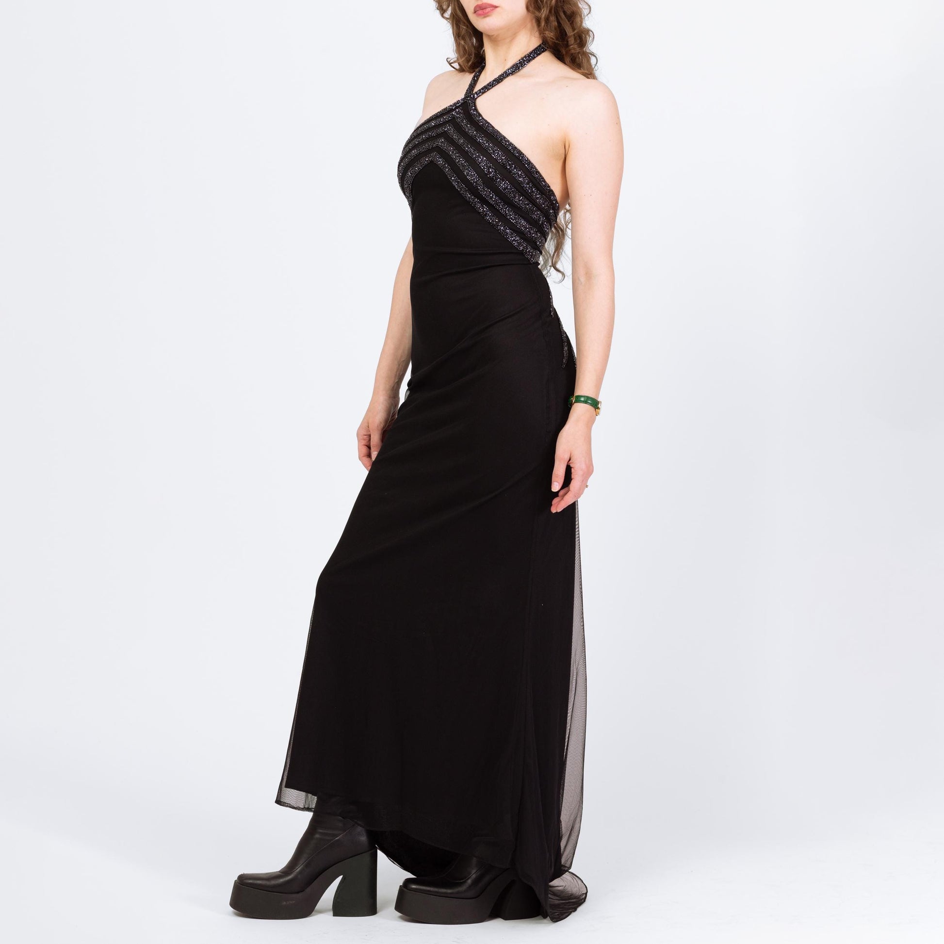 Vintage 90s Cache Black Beaded Deco Evening Gown - Small | Gothic Formal Mesh Bodycon Halter Maxi Dress