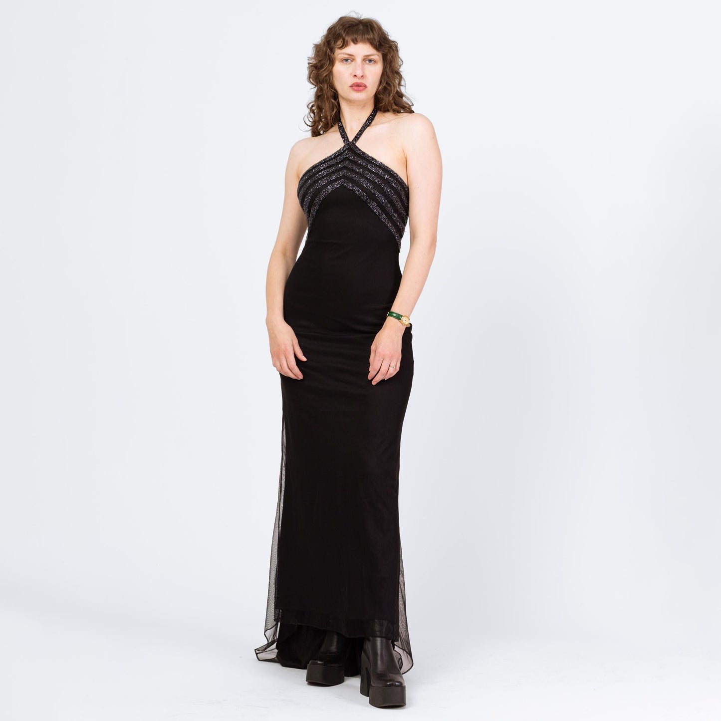 Vintage 90s Cache Black Beaded Deco Evening Gown - Small | Gothic Formal Mesh Bodycon Halter Maxi Dress