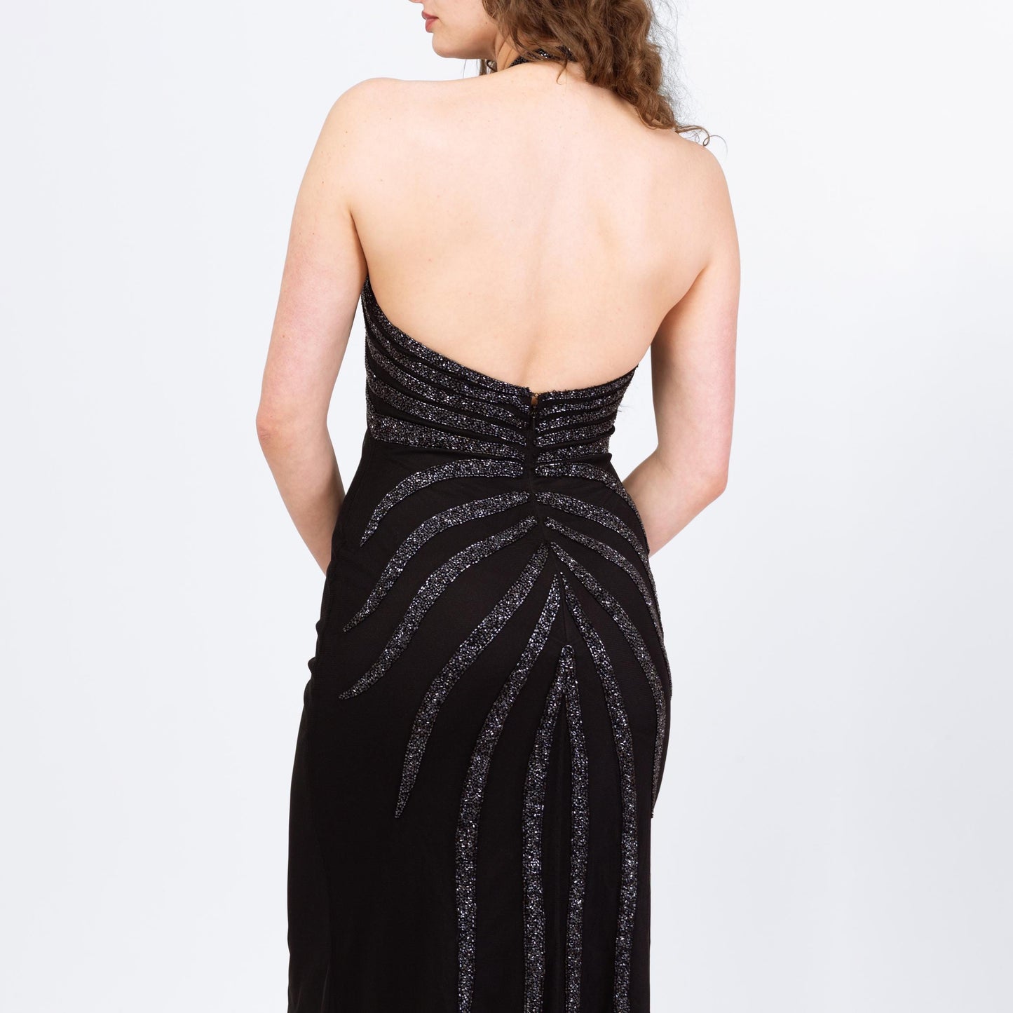 Vintage 90s Cache Black Beaded Deco Evening Gown - Small | Gothic Formal Mesh Bodycon Halter Maxi Dress