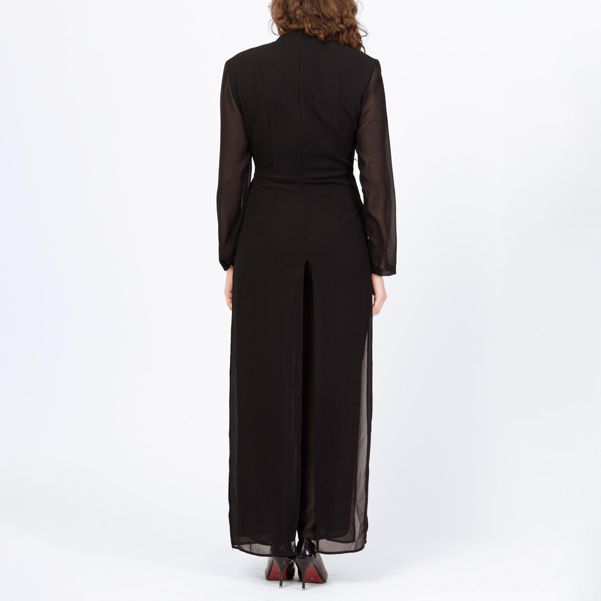 Vintage 80s Black Sheer Illusion Jumpsuit - Small to Medium | Long Sleeve Collared Formal Wrap Pantsuit
