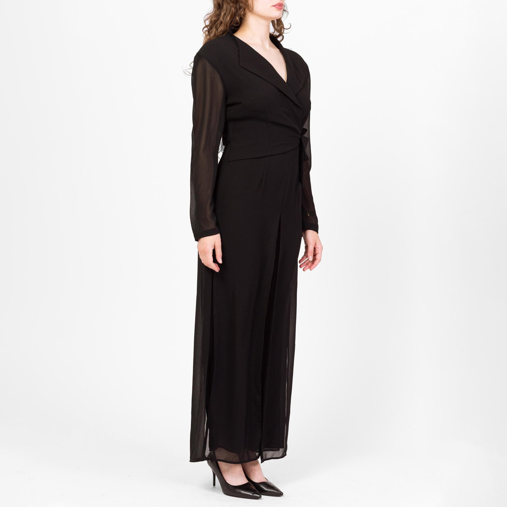 Vintage 80s Black Sheer Illusion Jumpsuit - Small to Medium | Long Sleeve Collared Formal Wrap Pantsuit