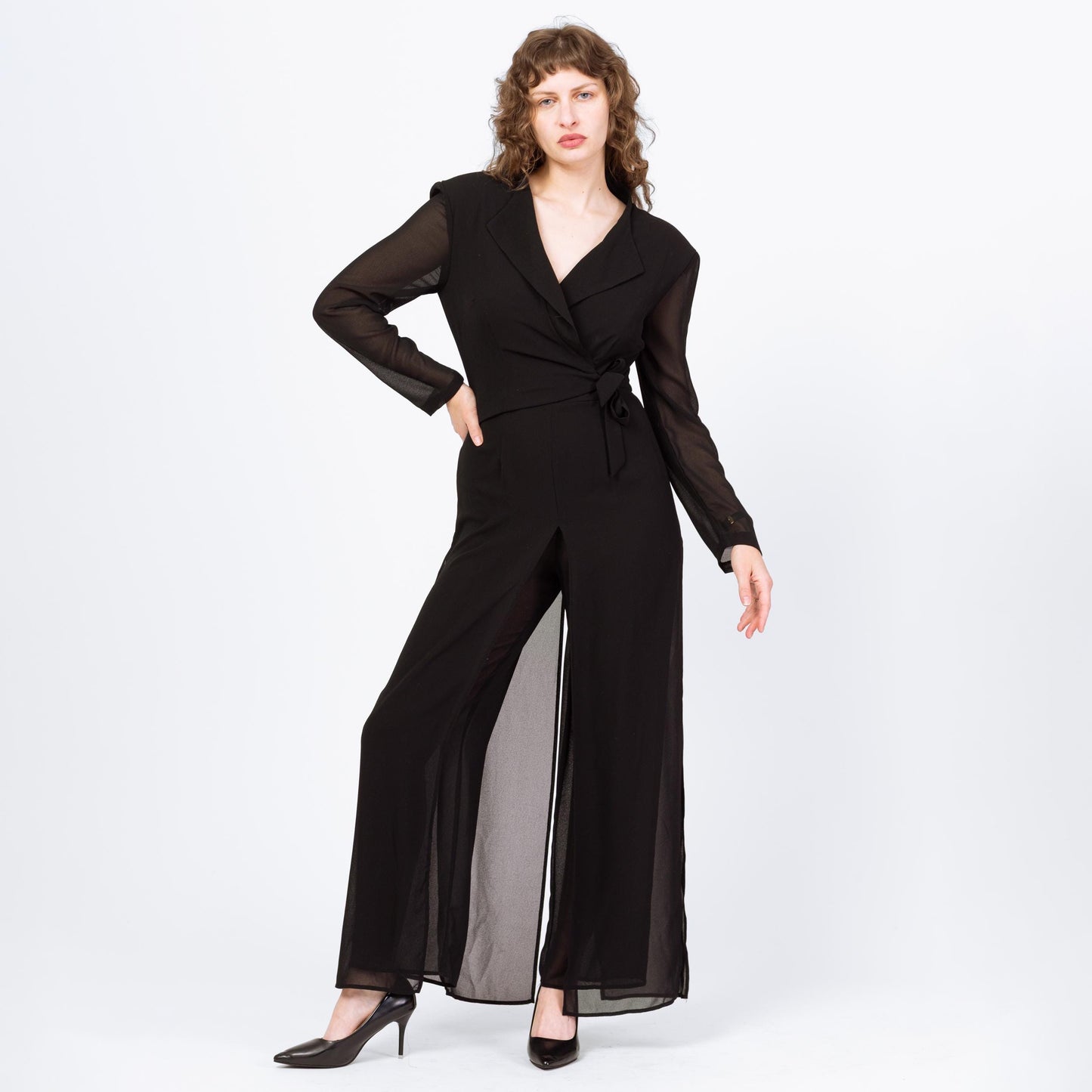Vintage 80s Black Sheer Illusion Jumpsuit - Small to Medium | Long Sleeve Collared Formal Wrap Pantsuit
