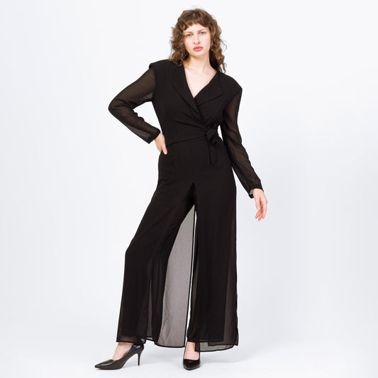 Vintage 80s Black Sheer Illusion Jumpsuit - Small to Medium | Long Sleeve Collared Formal Wrap Pantsuit