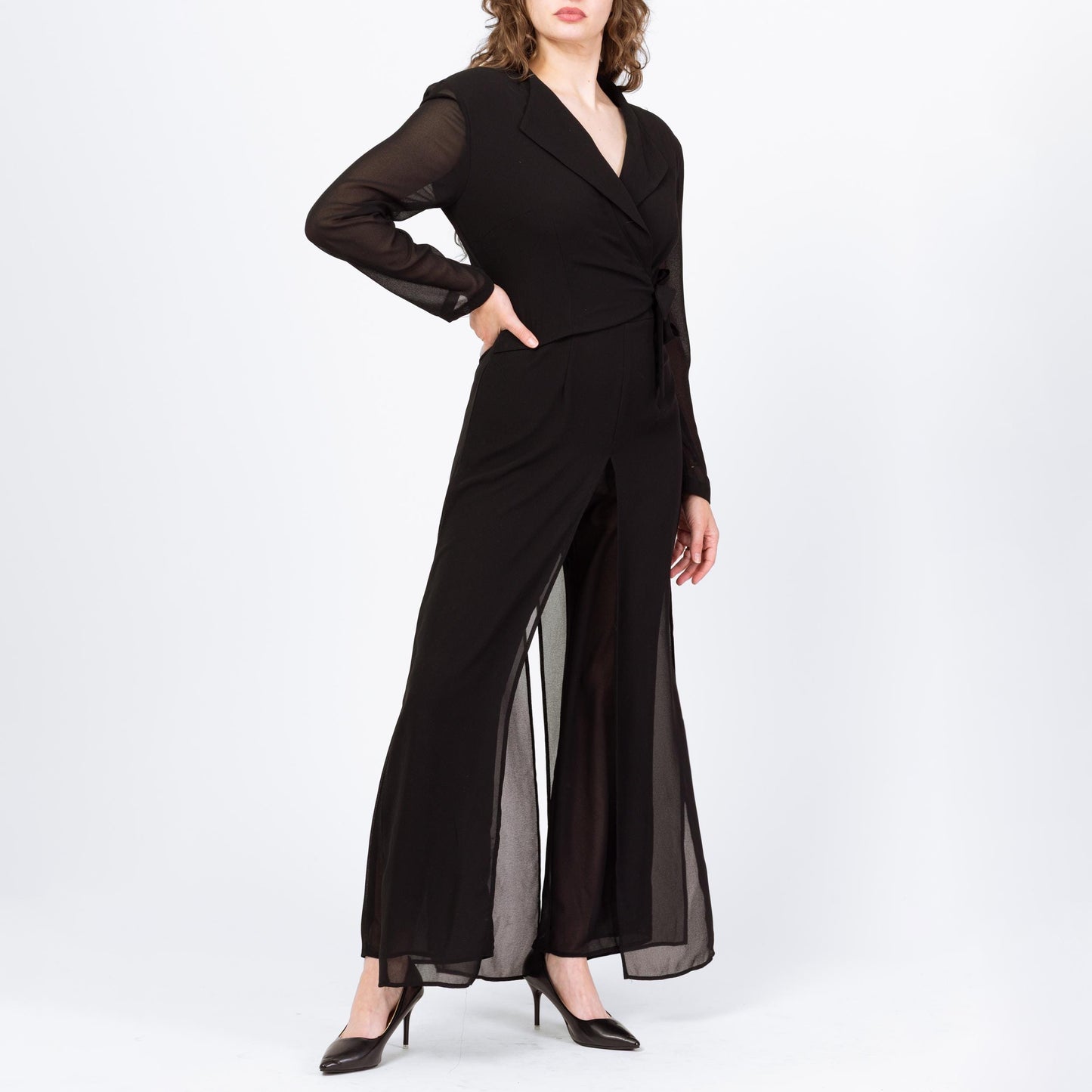 Vintage 80s Black Sheer Illusion Jumpsuit - Small to Medium | Long Sleeve Collared Formal Wrap Pantsuit