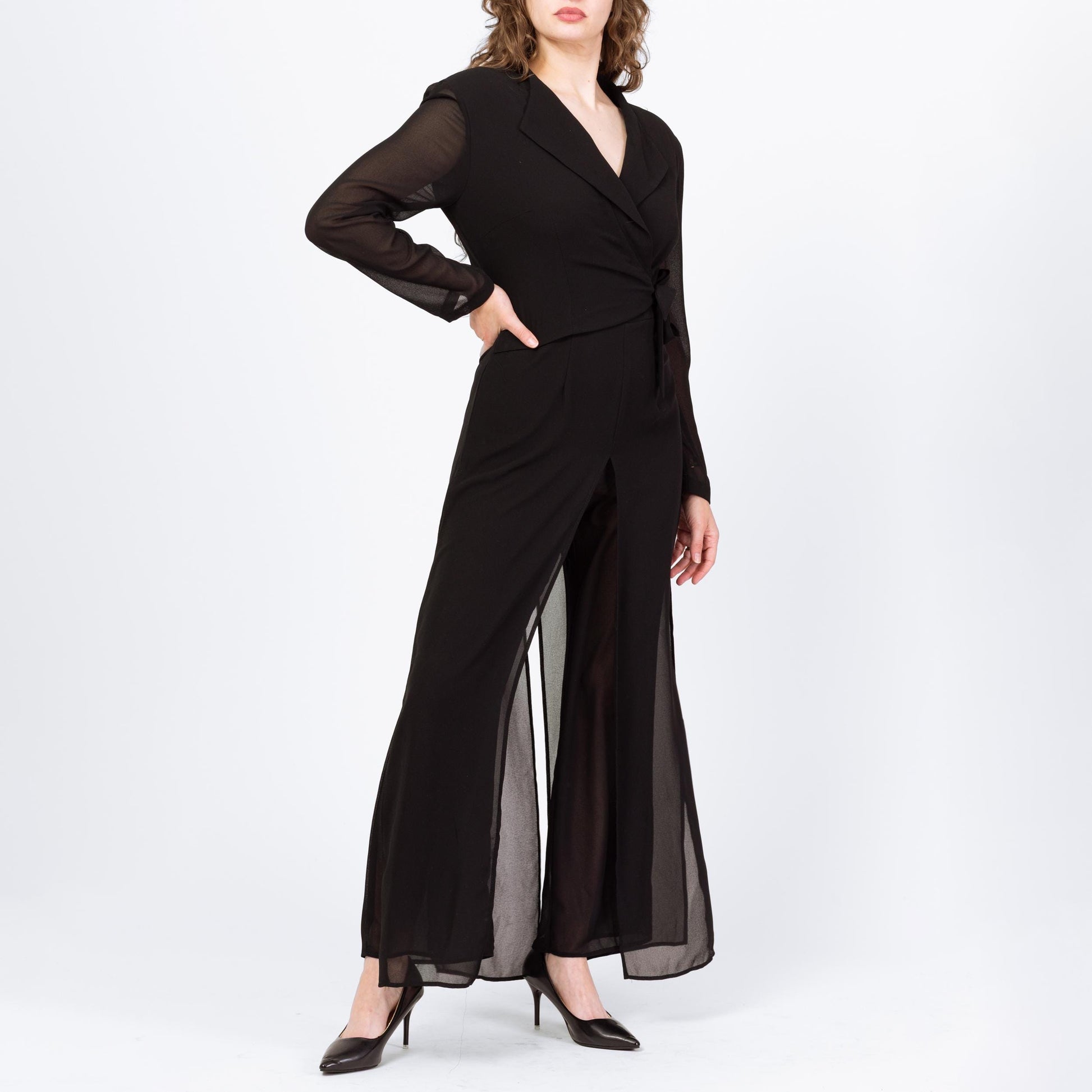 Vintage 80s Black Sheer Illusion Jumpsuit - Small to Medium | Long Sleeve Collared Formal Wrap Pantsuit