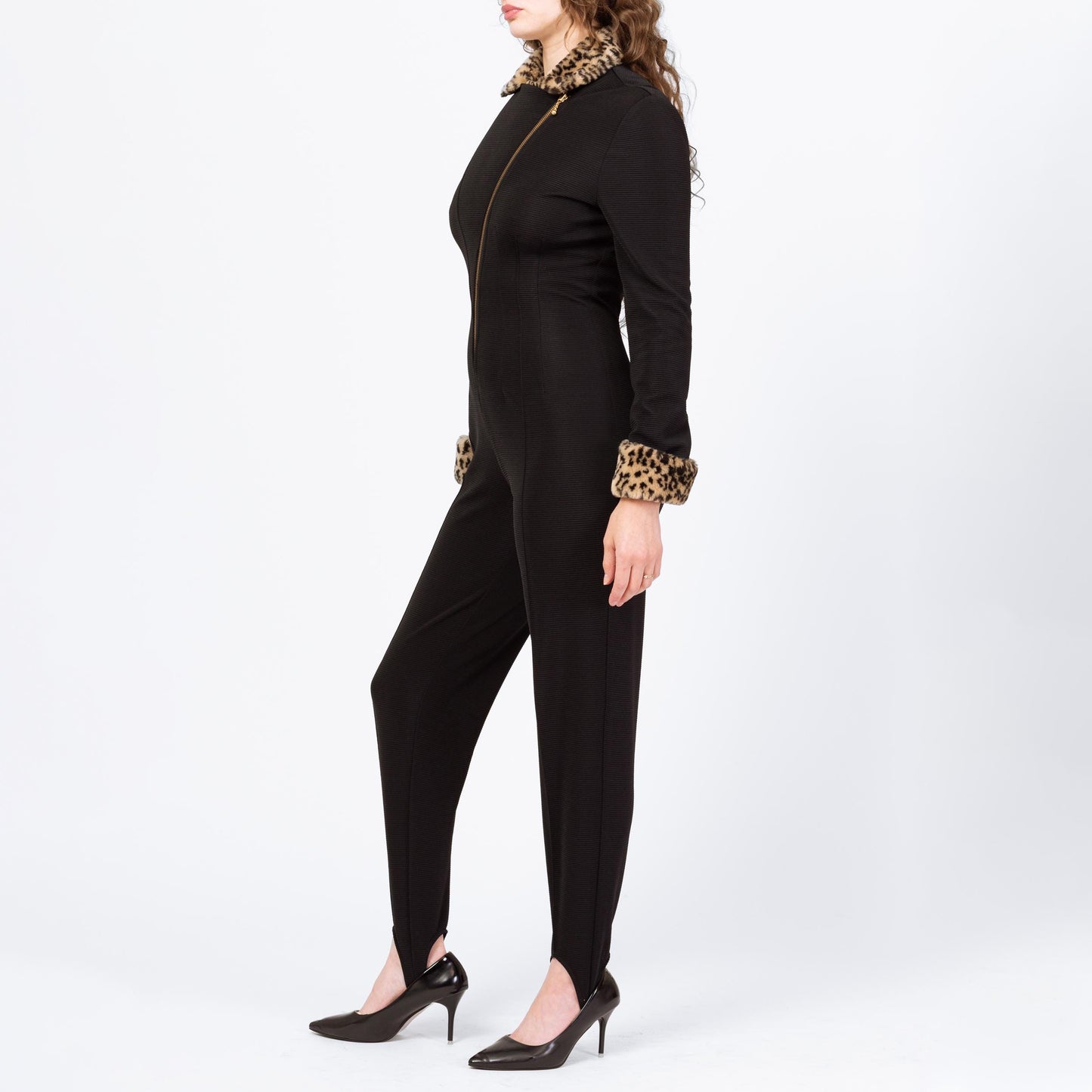 Vintage 80s Black Cheetah Fur Trim Catsuit - Medium | Joseph Ribkoff Formal Long Sleeve Stirrup Jumpsuit