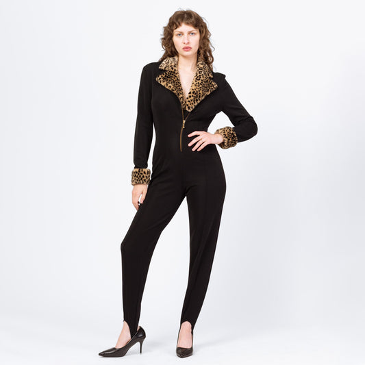 Vintage 80s Black Cheetah Fur Trim Catsuit - Medium | Joseph Ribkoff Formal Long Sleeve Stirrup Jumpsuit
