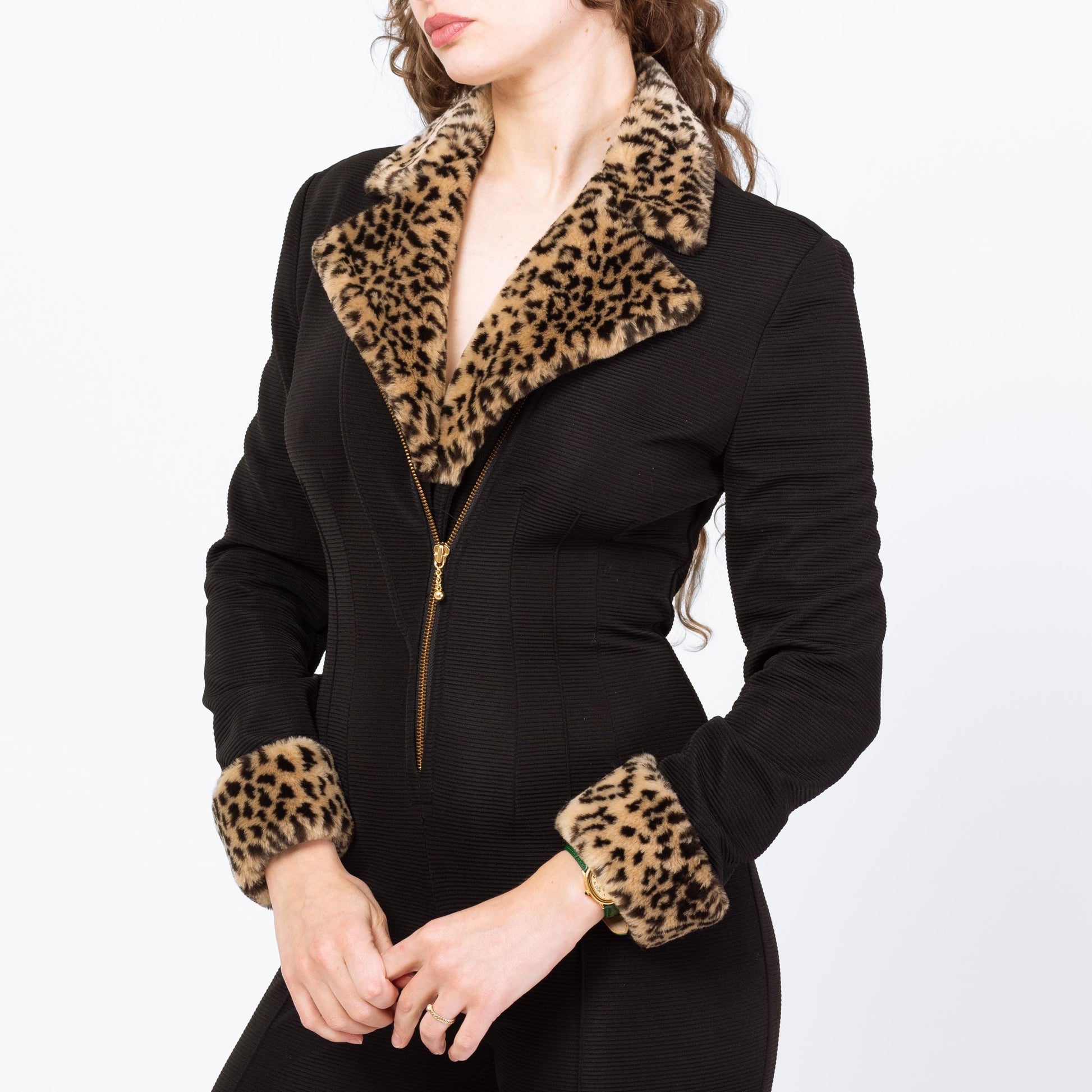 Vintage 80s Black Cheetah Fur Trim Catsuit - Medium | Joseph Ribkoff Formal Long Sleeve Stirrup Jumpsuit