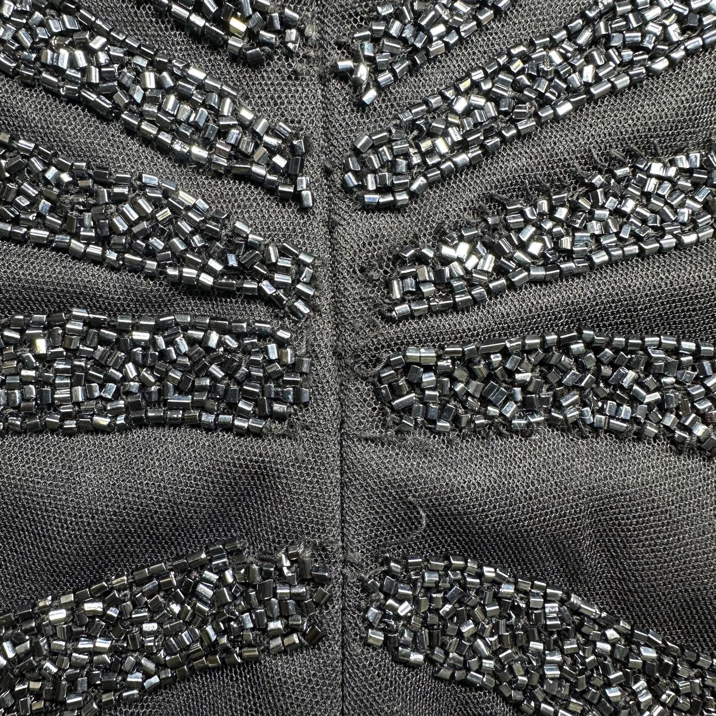 Vintage 90s Cache Black Beaded Deco Evening Gown - Small | Gothic Formal Mesh Bodycon Halter Maxi Dress