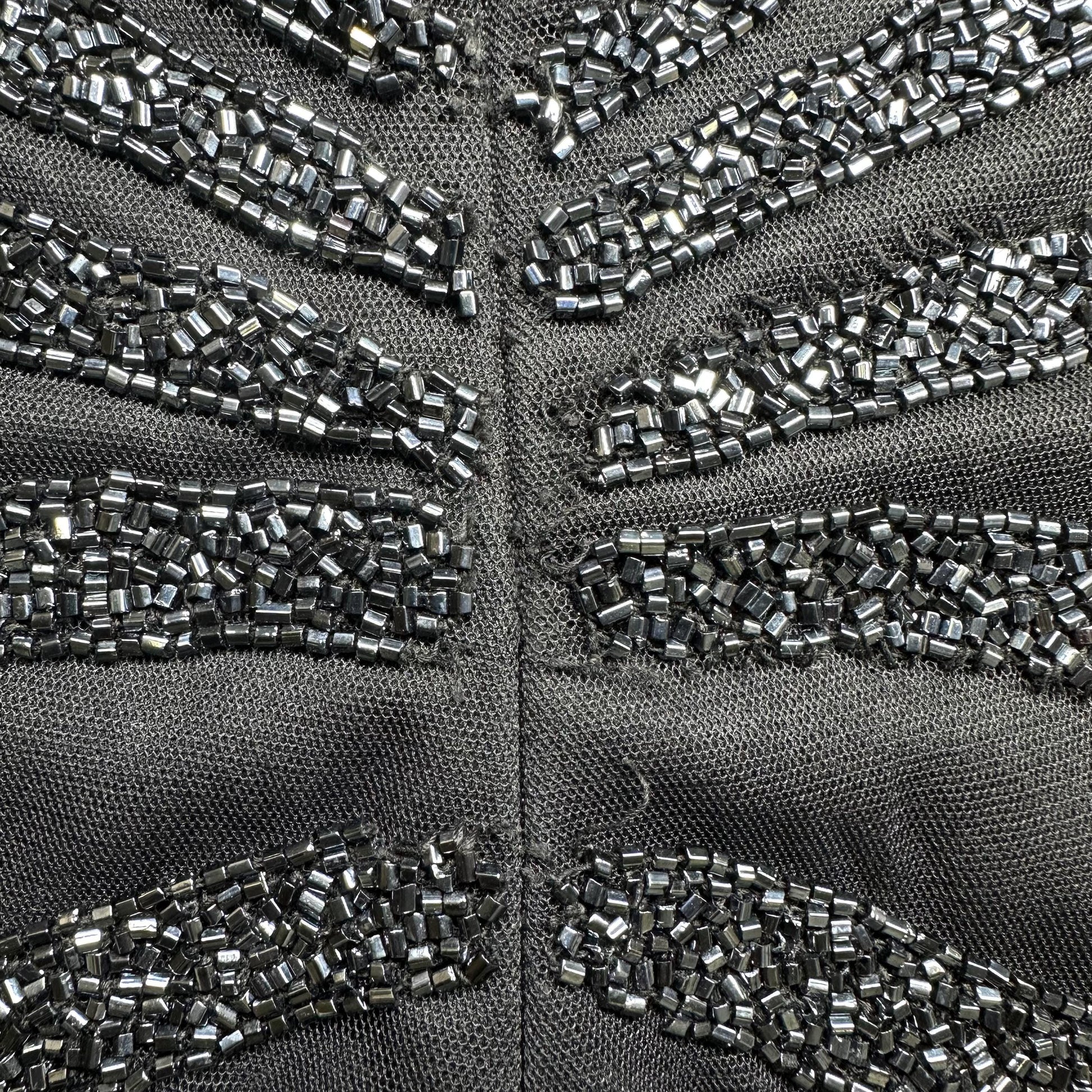 Vintage 90s Cache Black Beaded Deco Evening Gown - Small | Gothic Formal Mesh Bodycon Halter Maxi Dress