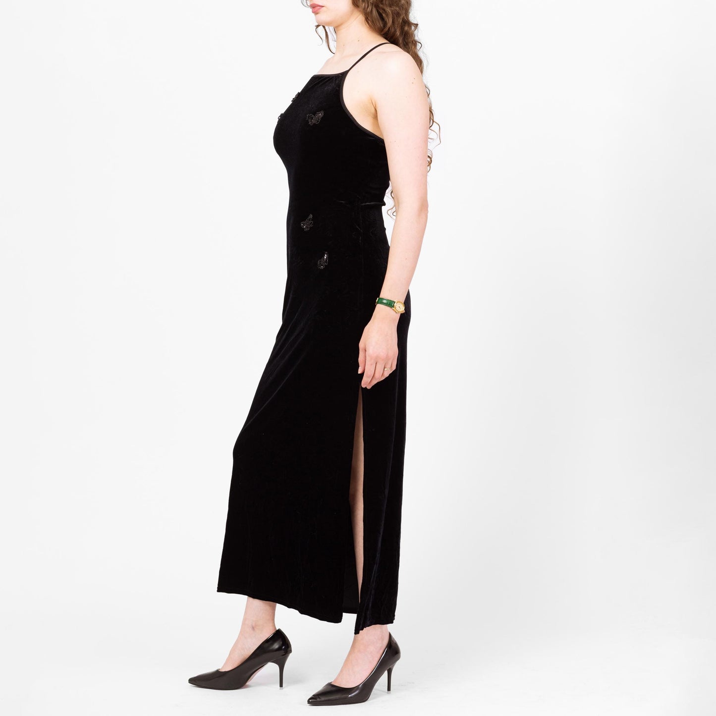 Vintage 90s Beaded Butterfly Black Velvet Maxi Dress - Medium | Sleeveless Criss Cross Strappy Back Formal Party Dress