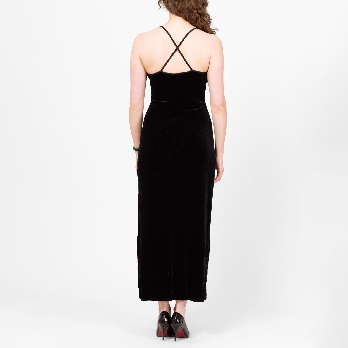 Vintage 90s Beaded Butterfly Black Velvet Maxi Dress - Medium | Sleeveless Criss Cross Strappy Back Formal Party Dress