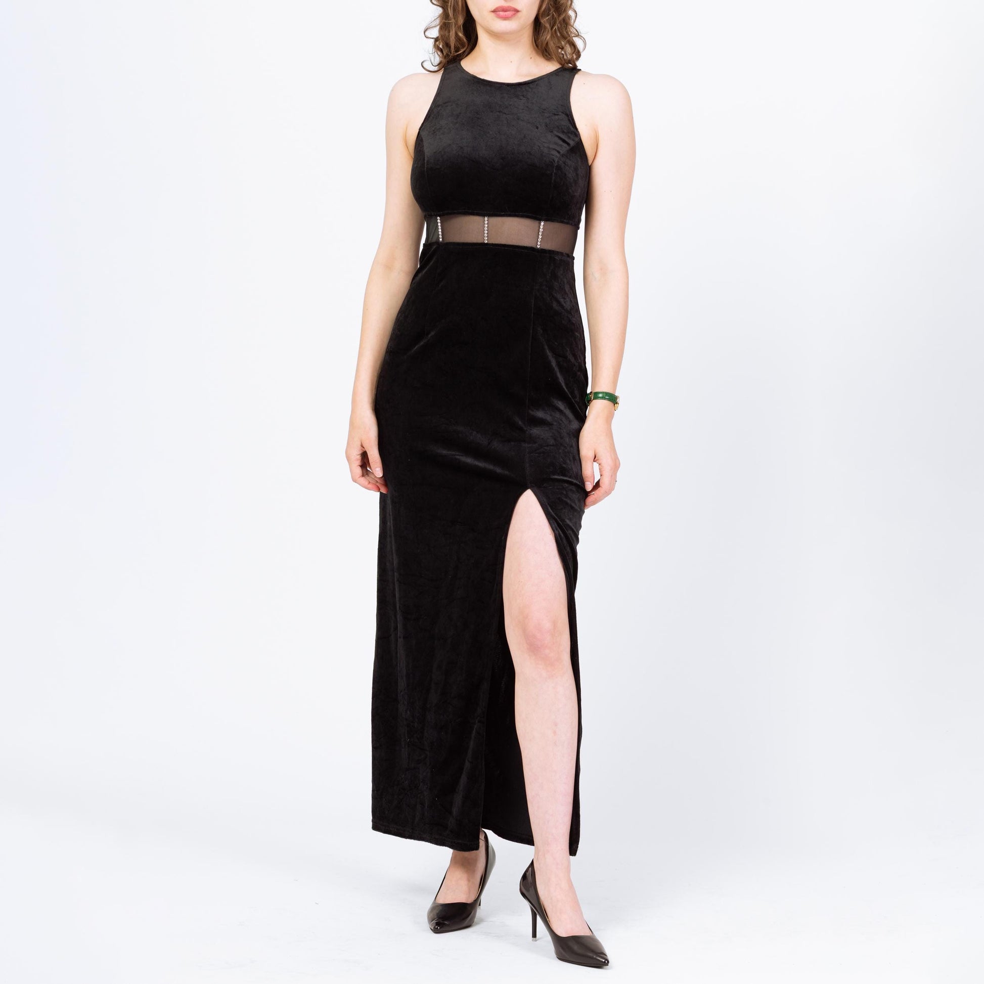 Vintage 90s Black Velvet Sheer Cut Out Waist Maxi Dress - Medium | Rhinestone Trim Sleeveless Slinky Sexy Cocktail Party Dress