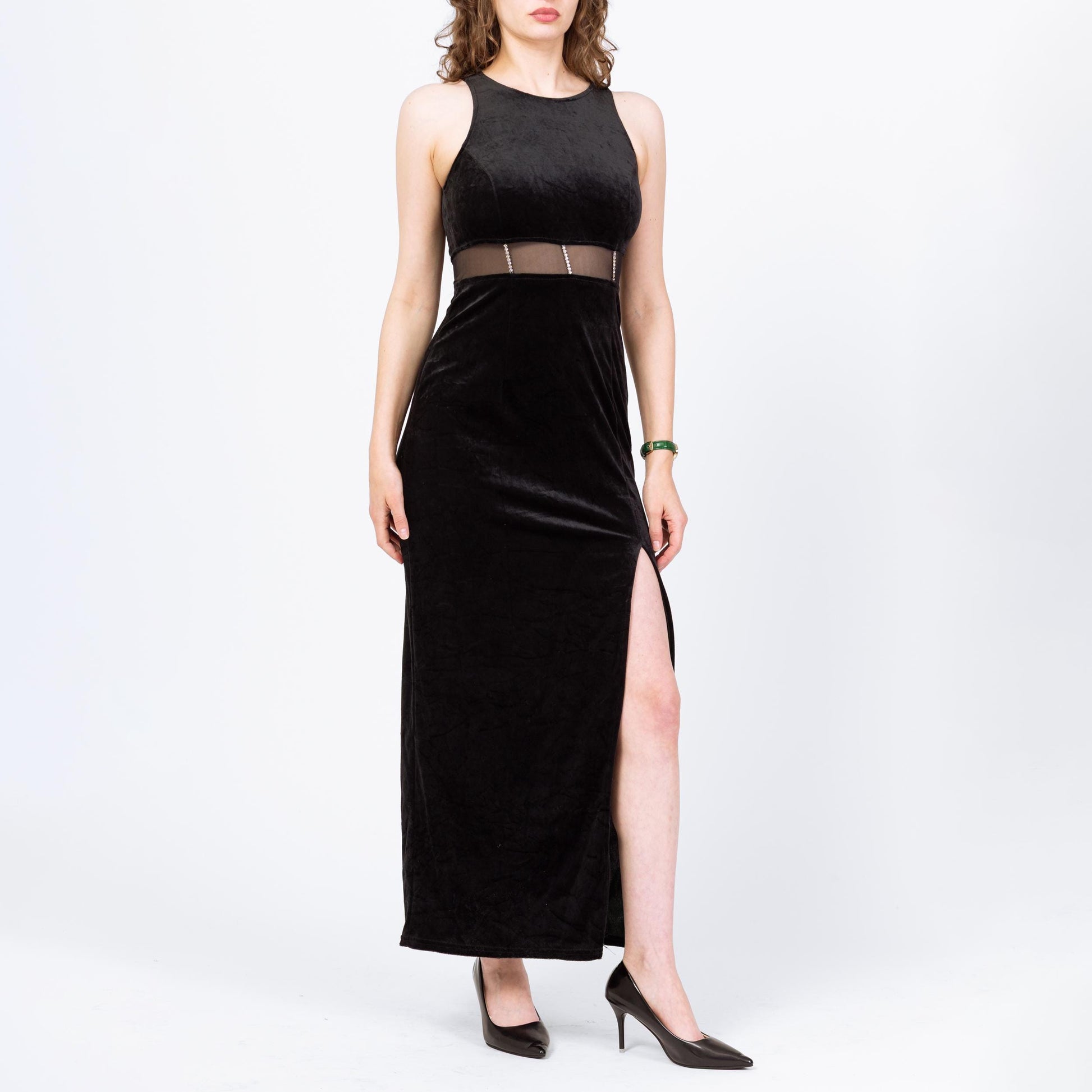 Vintage 90s Black Velvet Sheer Cut Out Waist Maxi Dress - Medium | Rhinestone Trim Sleeveless Slinky Sexy Cocktail Party Dress