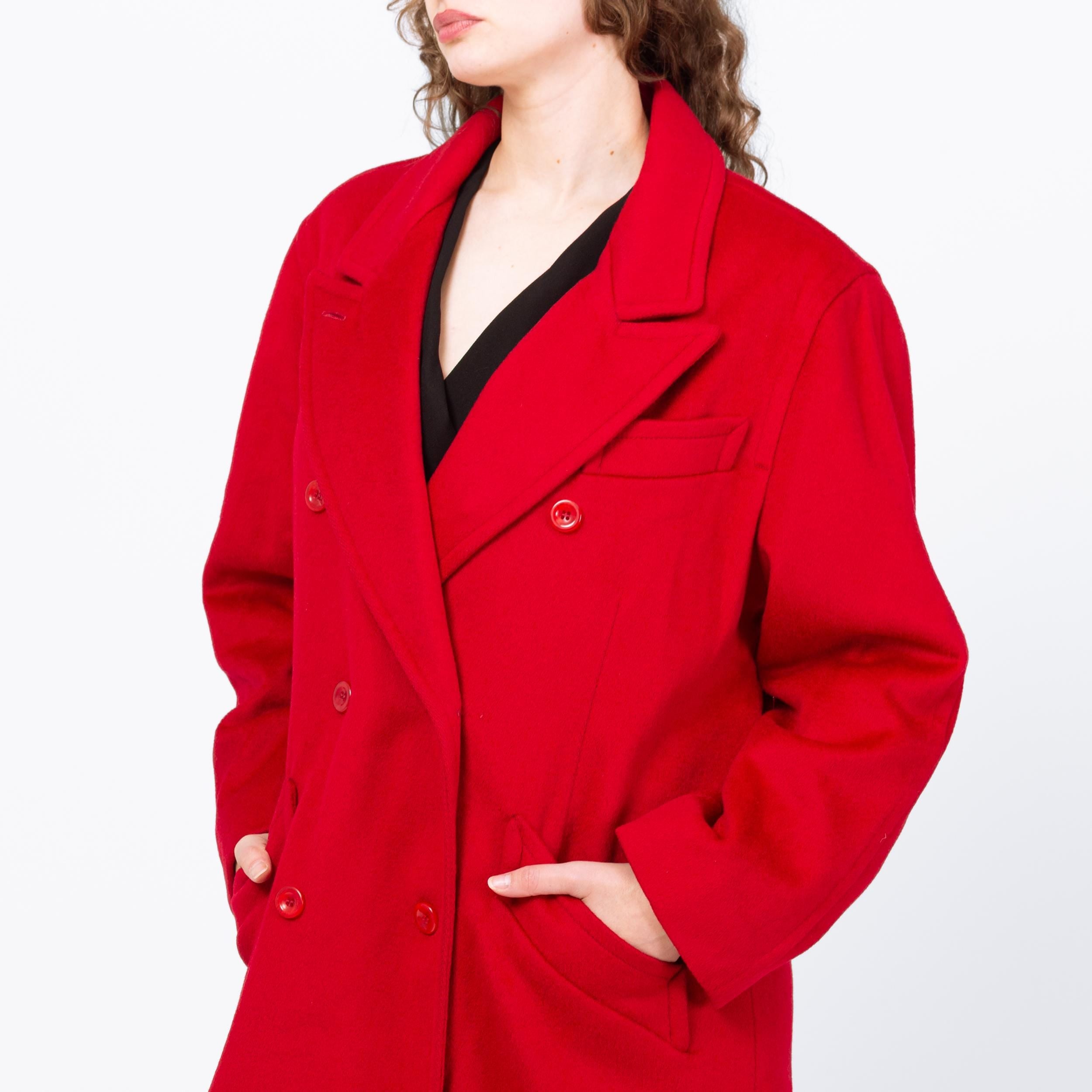 Vintage 80s Red Double Breasted Wool Overcoat - Medium to Large